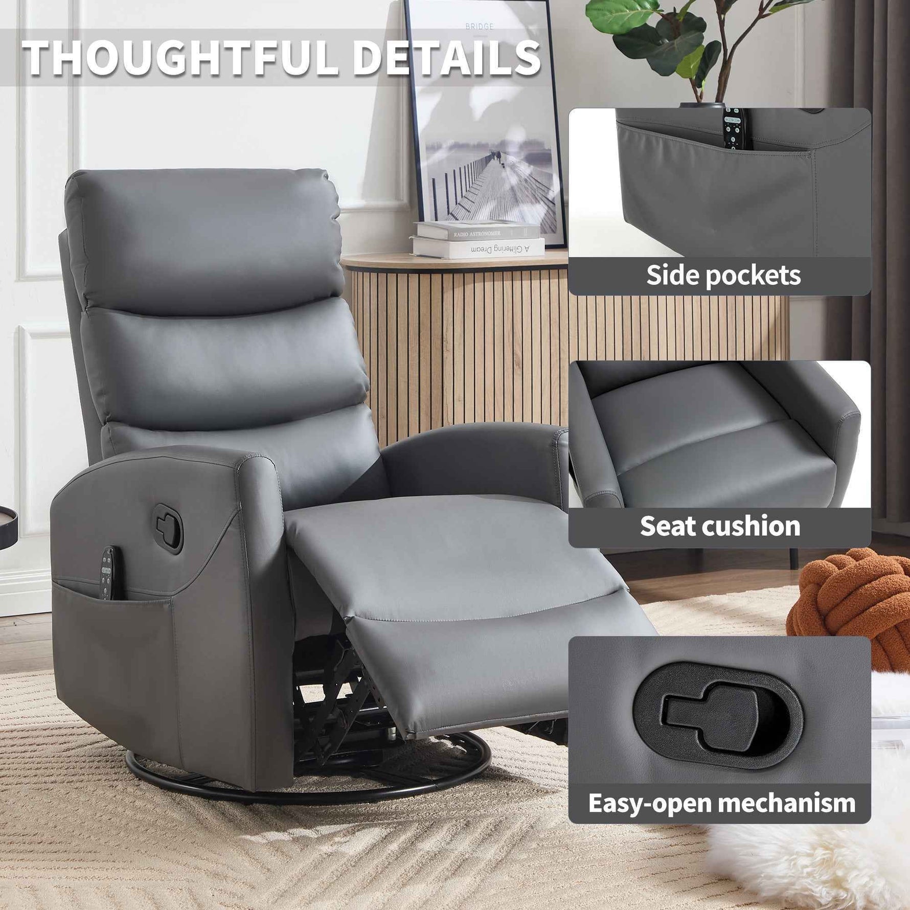 Heat Massage Manual Recliner Chair with Rocker and Swivel in Faux Leather for Living Room detail image 4