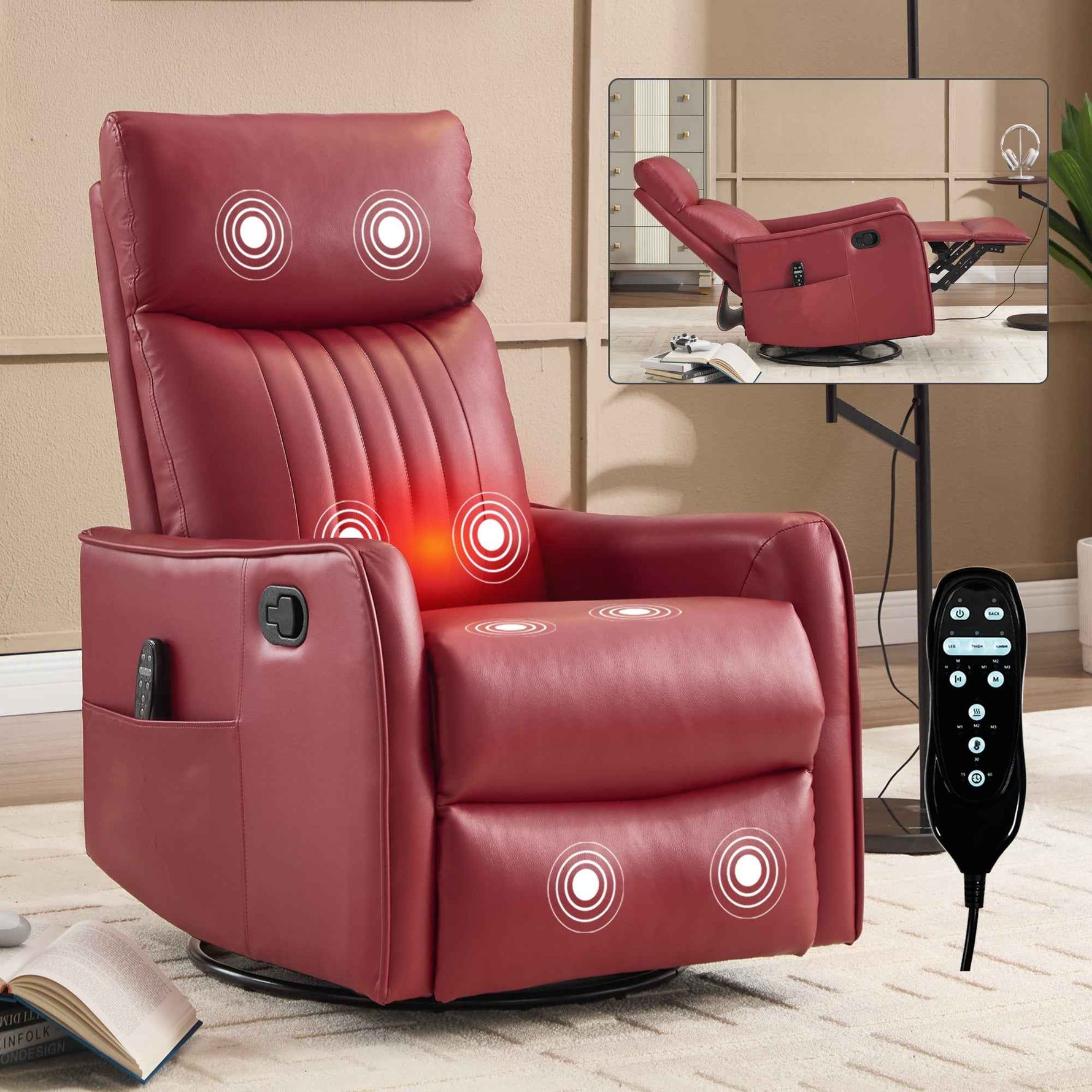 Faux Leather Heat & Massage Manual Rocker Swivel Recliner detail image 20