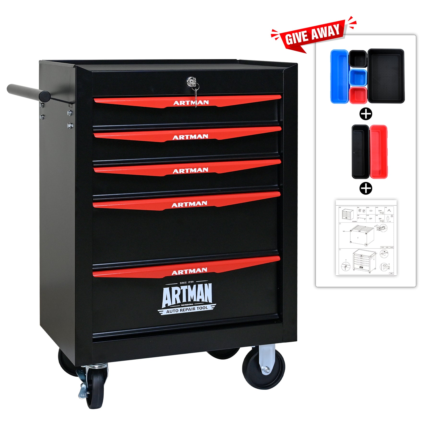 Rolling 5-Drawer Steel Tool Chest with Stainless Steel Top for workshop, garage, storage, or utility use