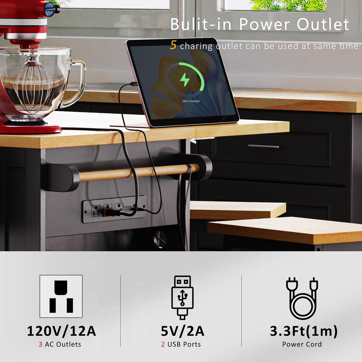 53 in. Farmhouse Kitchen Island with Power Outlet & Stools product view 104