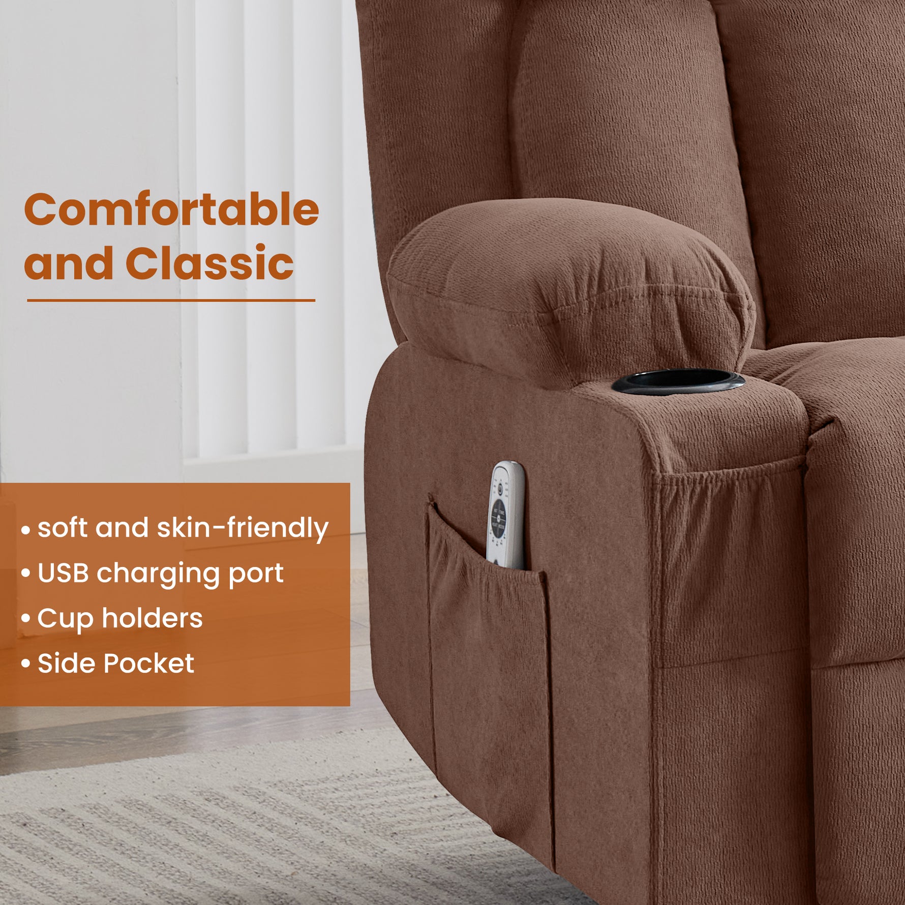 Swivel Rocker Recliner Chair with Vibration Massage, Heat, USB Port and Cup Holderrs detail image 9