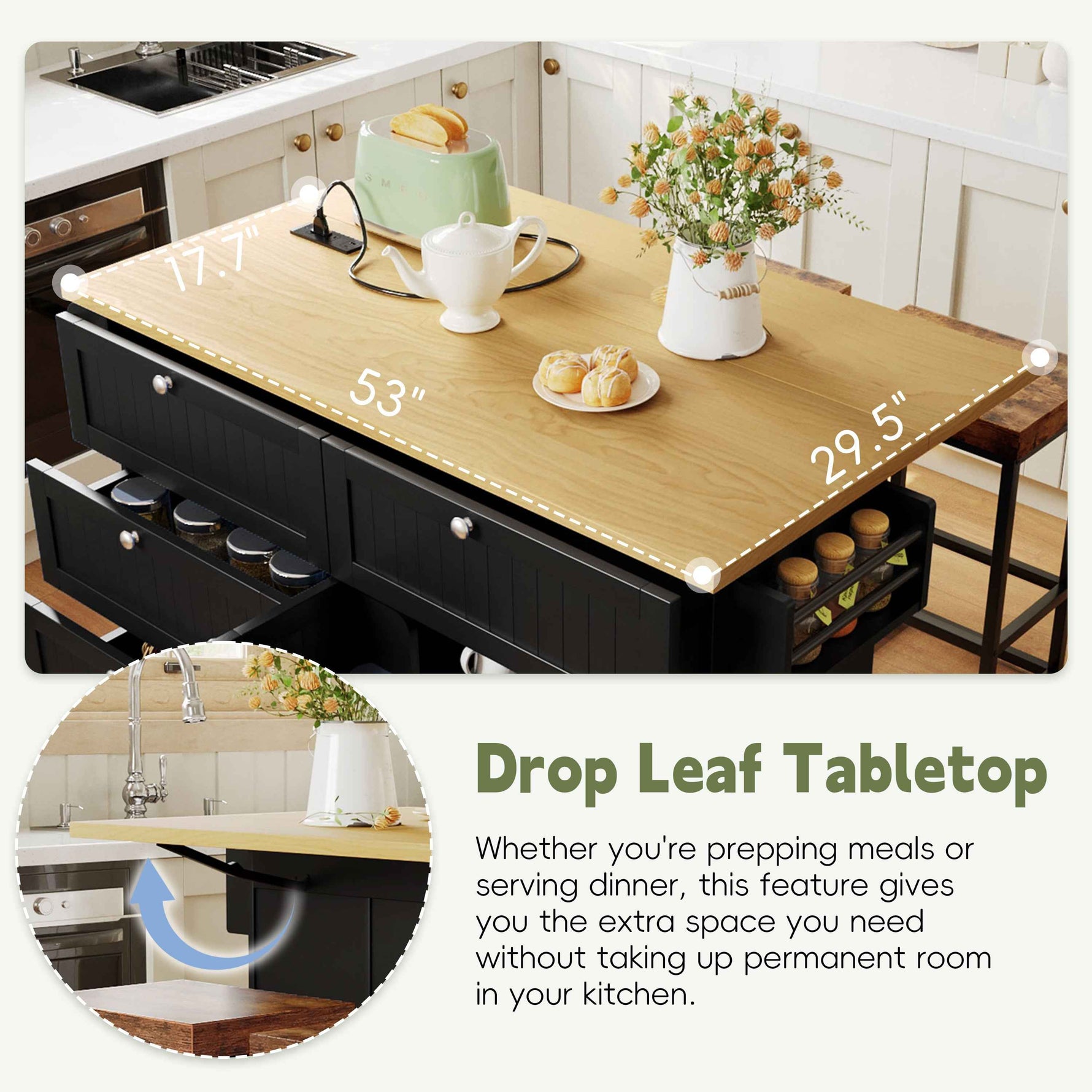 Farmhouse Kitchen Island with Drop Leaf, Power Outlet & 2 Seats product view 42