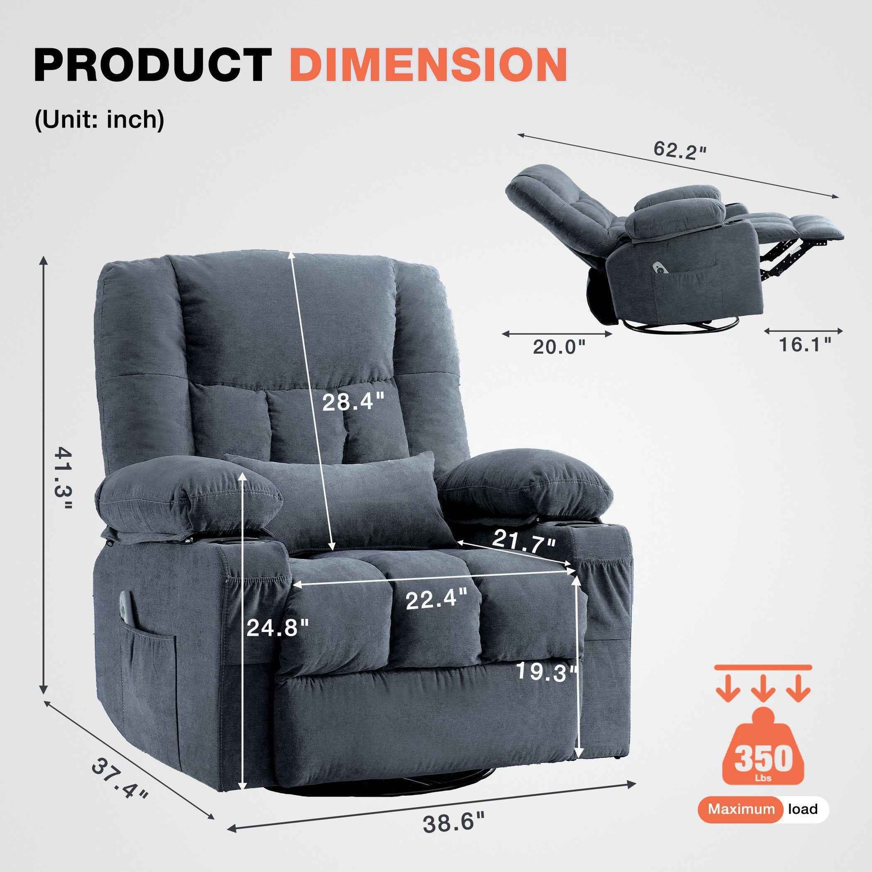 Massage Swivel Rocker Recliner with Vibration, Heat & Ergonomic Lounge Support detail image 2