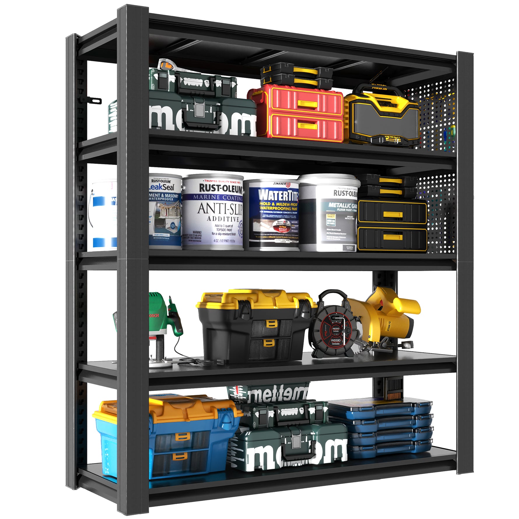 Industrial Heavy-Duty Metal 5-Tier Adjustable Shelving Unit with Pegboard for workshop, garage, storage, or utility use