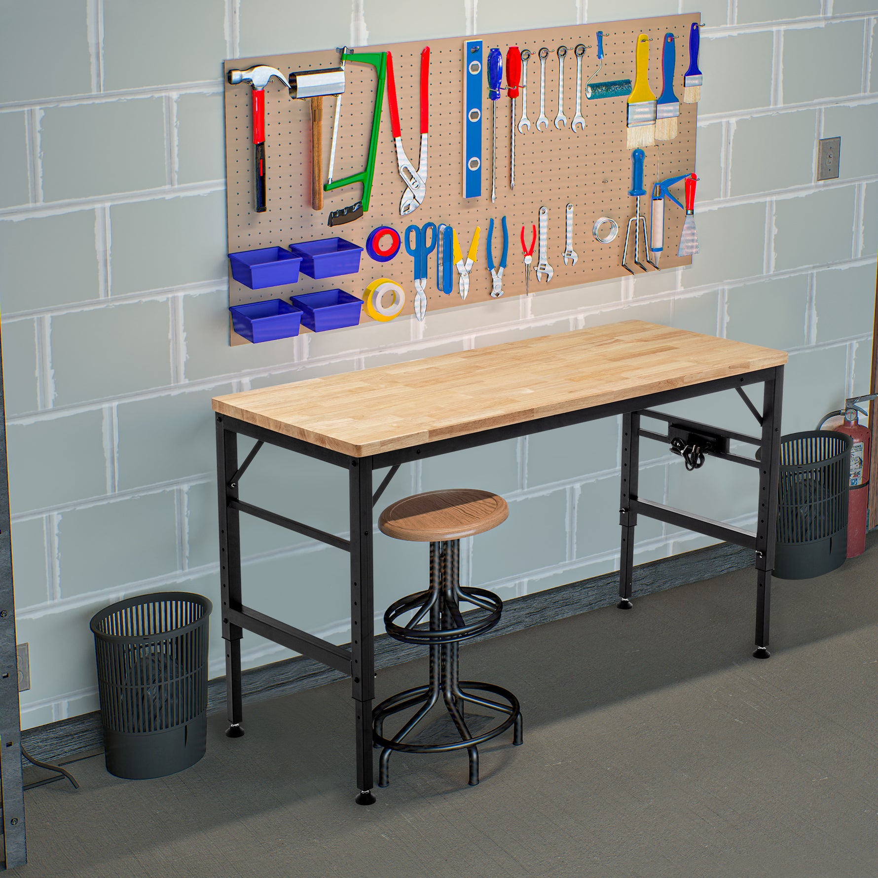 Adjustable Height Heavy-Duty Workbench, Rubber Wood Top Workstation with Power Outlets for workshop, garage, storage, or utility use