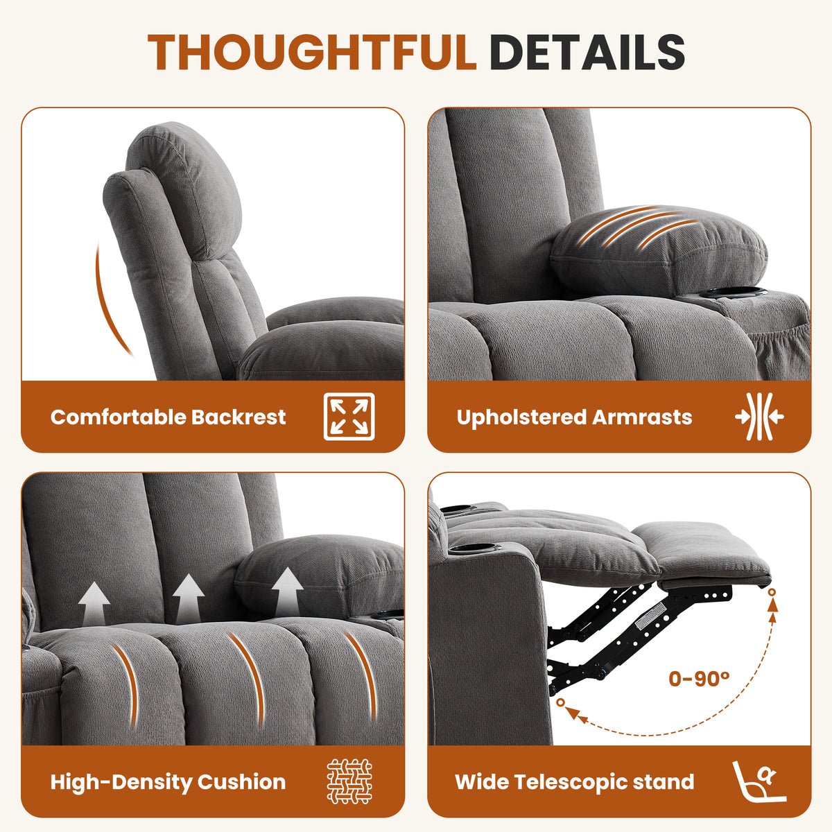 Swivel Rocker Recliner Chair with Vibration Massage, Heat, USB Port and Cup Holderrs detail image 33