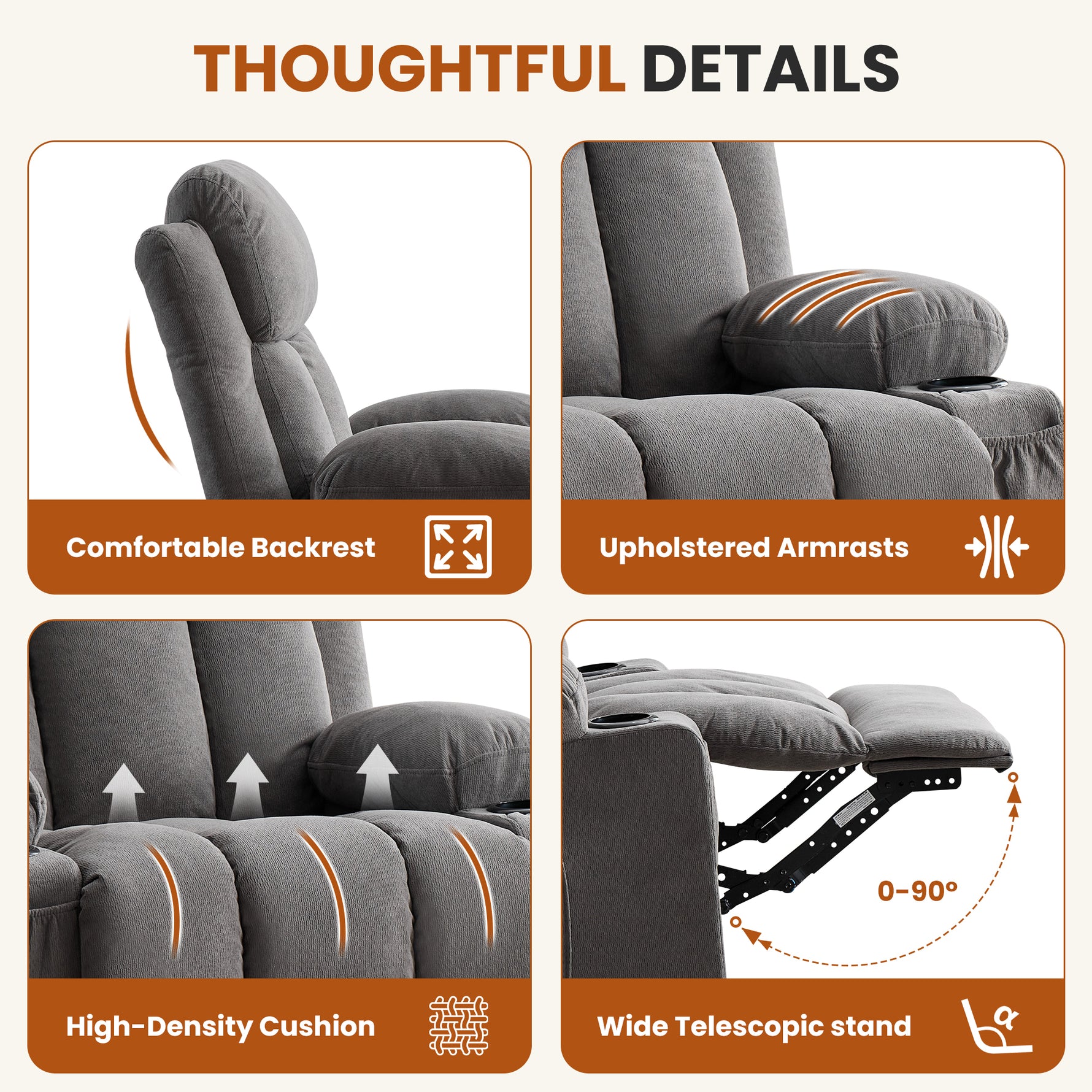 Swivel Rocker Recliner Chair with Vibration Massage, Heat, USB Port and Cup Holderrs detail image 33