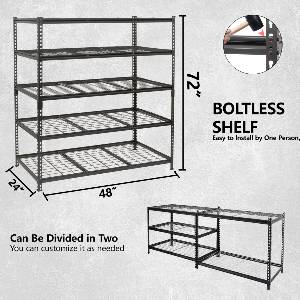 5-Tier Heavy-Duty Adjustable Metal Shelving Unit, 48" W x 24" D x 72" H for workshop, garage, storage, or utility use