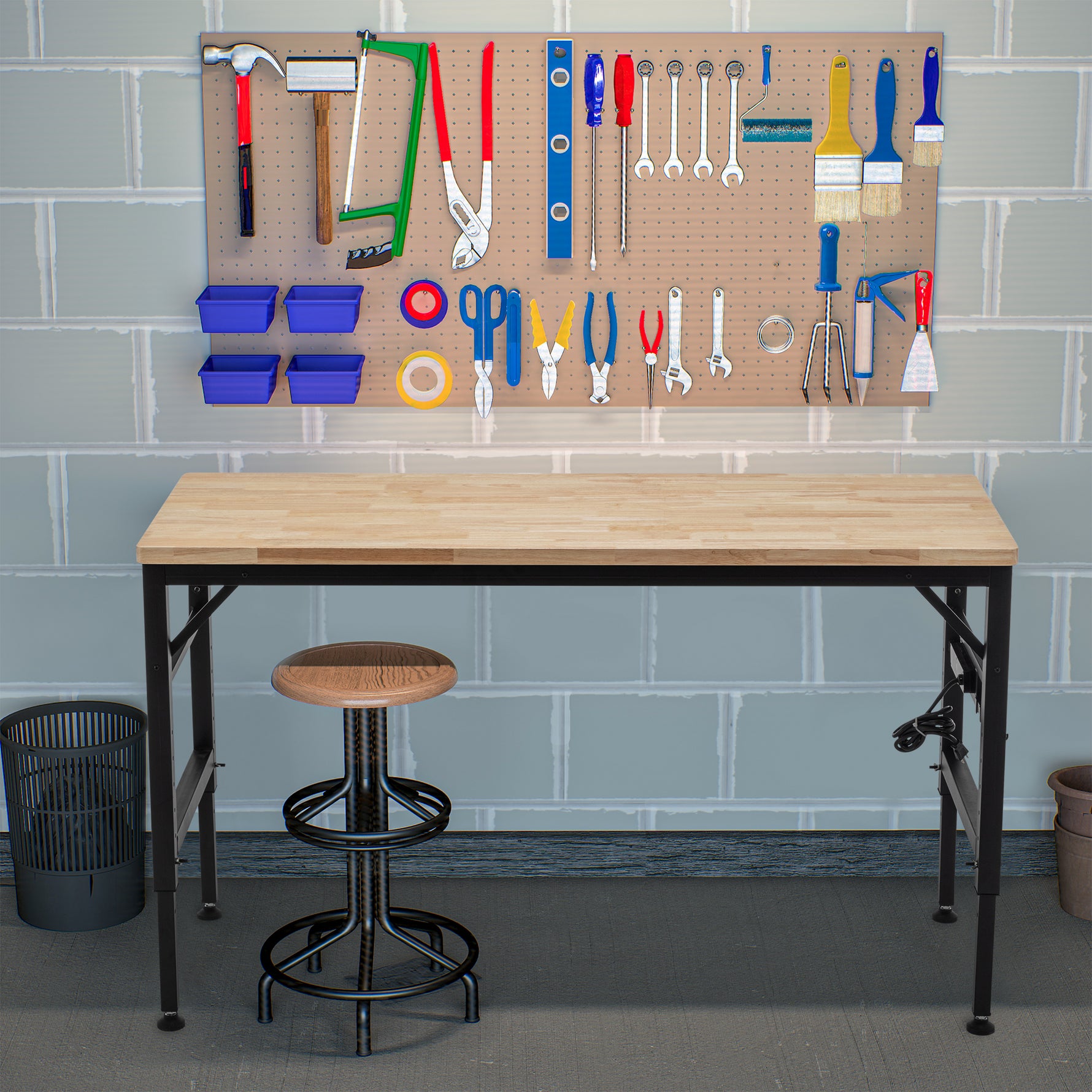 Adjustable Height Heavy-Duty Workbench, Rubber Wood Top Workstation with Power Outlets for workshop, garage, storage, or utility use