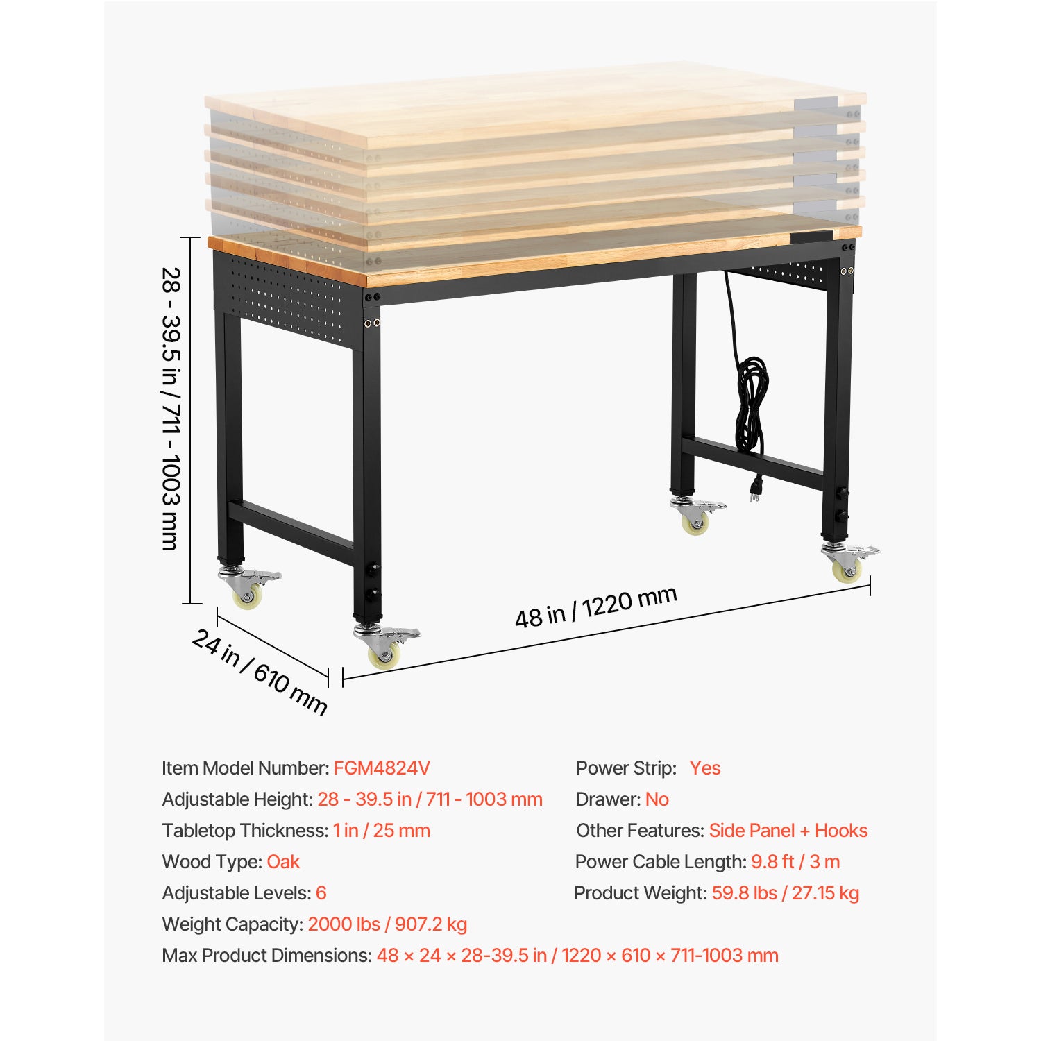 VEVOR Adjustable Height Hardwood Workbench with Power Outlets for workshop, garage, storage, or utility use