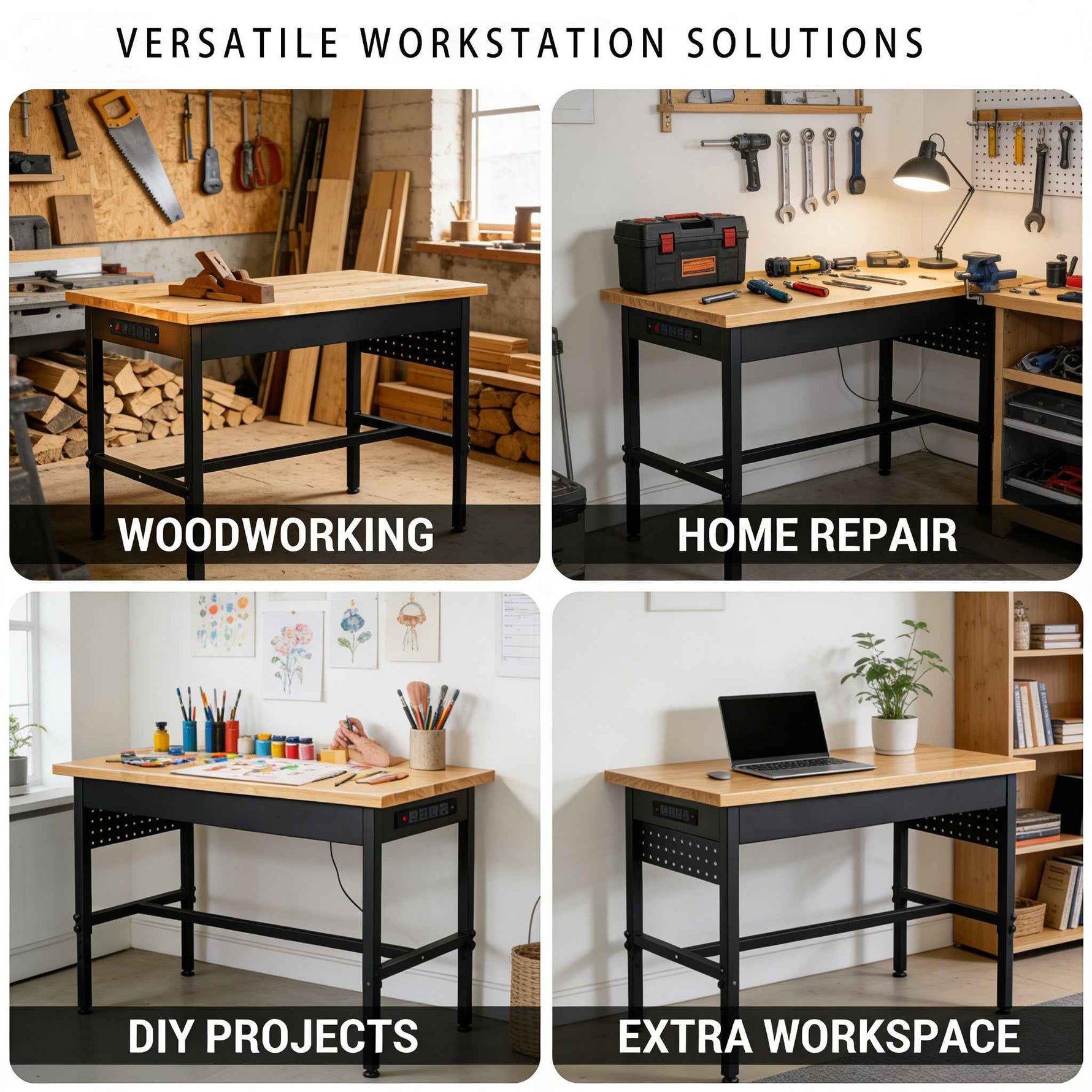 60" Double-Layer Adjustable Workbench with Power for workshop, garage, storage, or utility use