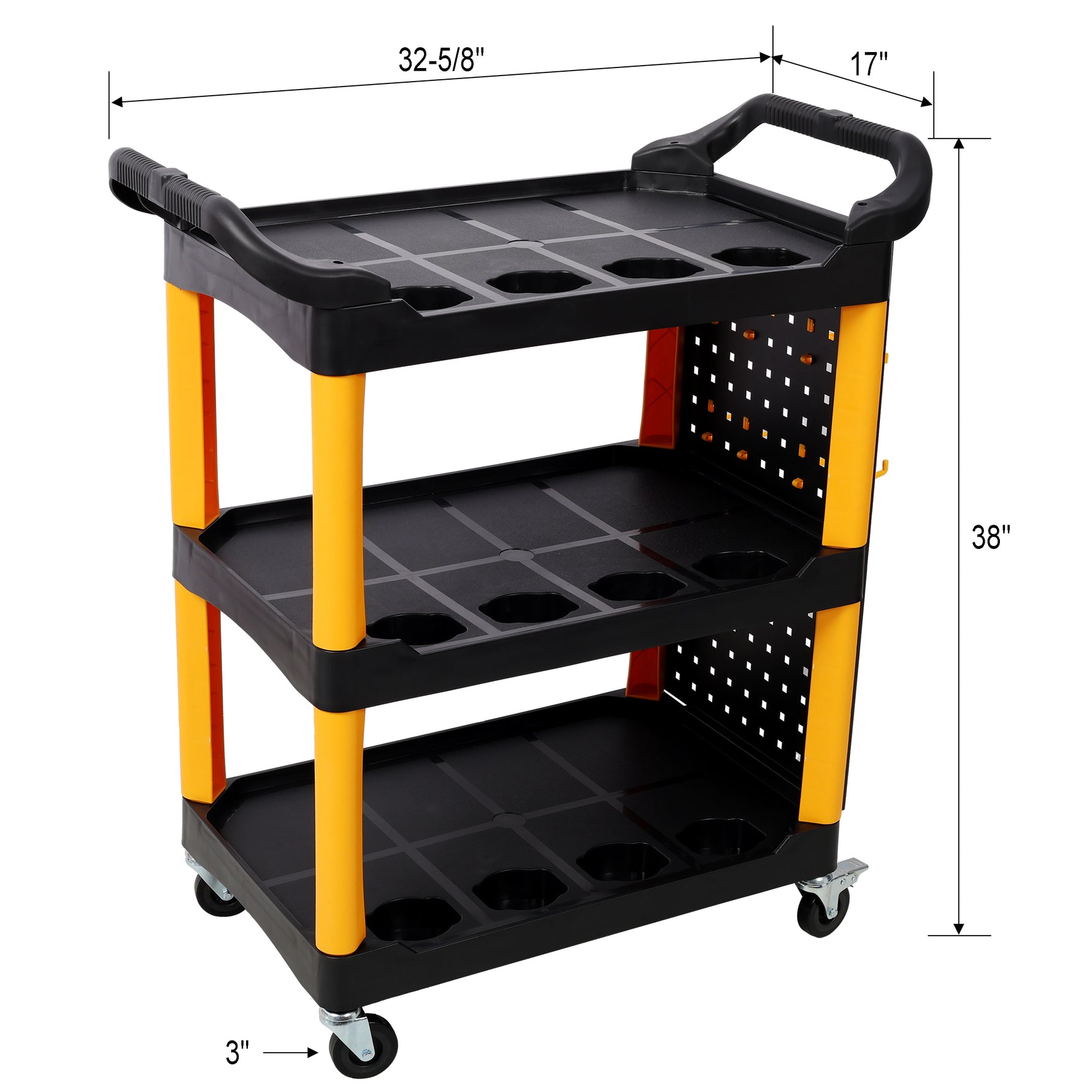 3-Tier Rolling Auto Detail Cart with Panel & Hooks for workshop, garage, storage, or utility use
