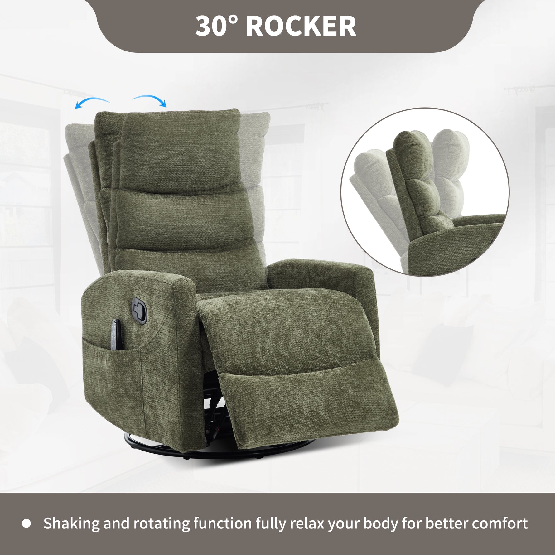 Heat Massage Manual Recliner Chair with Rocker and Swivel in Fabric for Living Room detail image 29