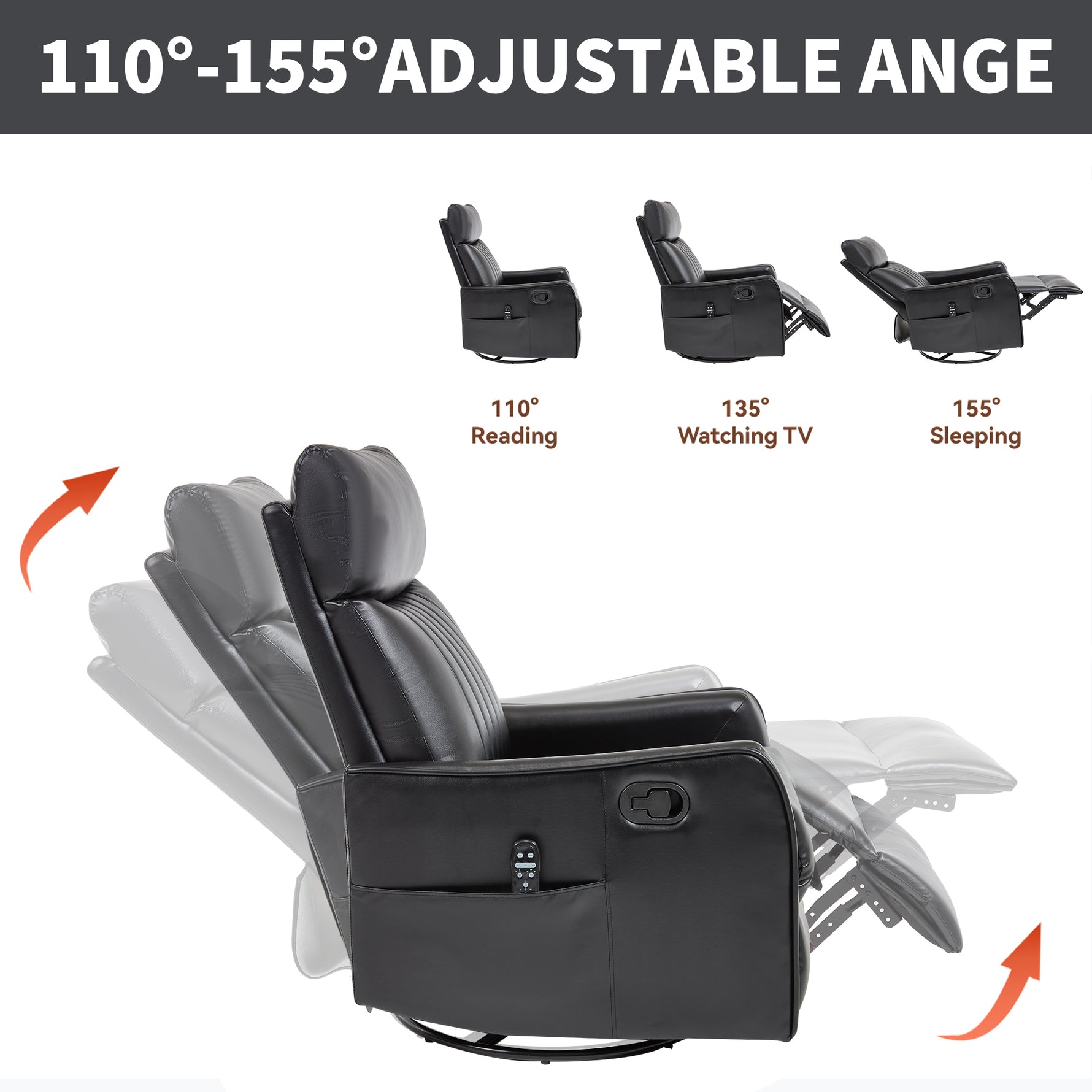 Faux Leather Heat Massage Manual Recliner Chair with Rocker and Swivel for Living Room detail image 7