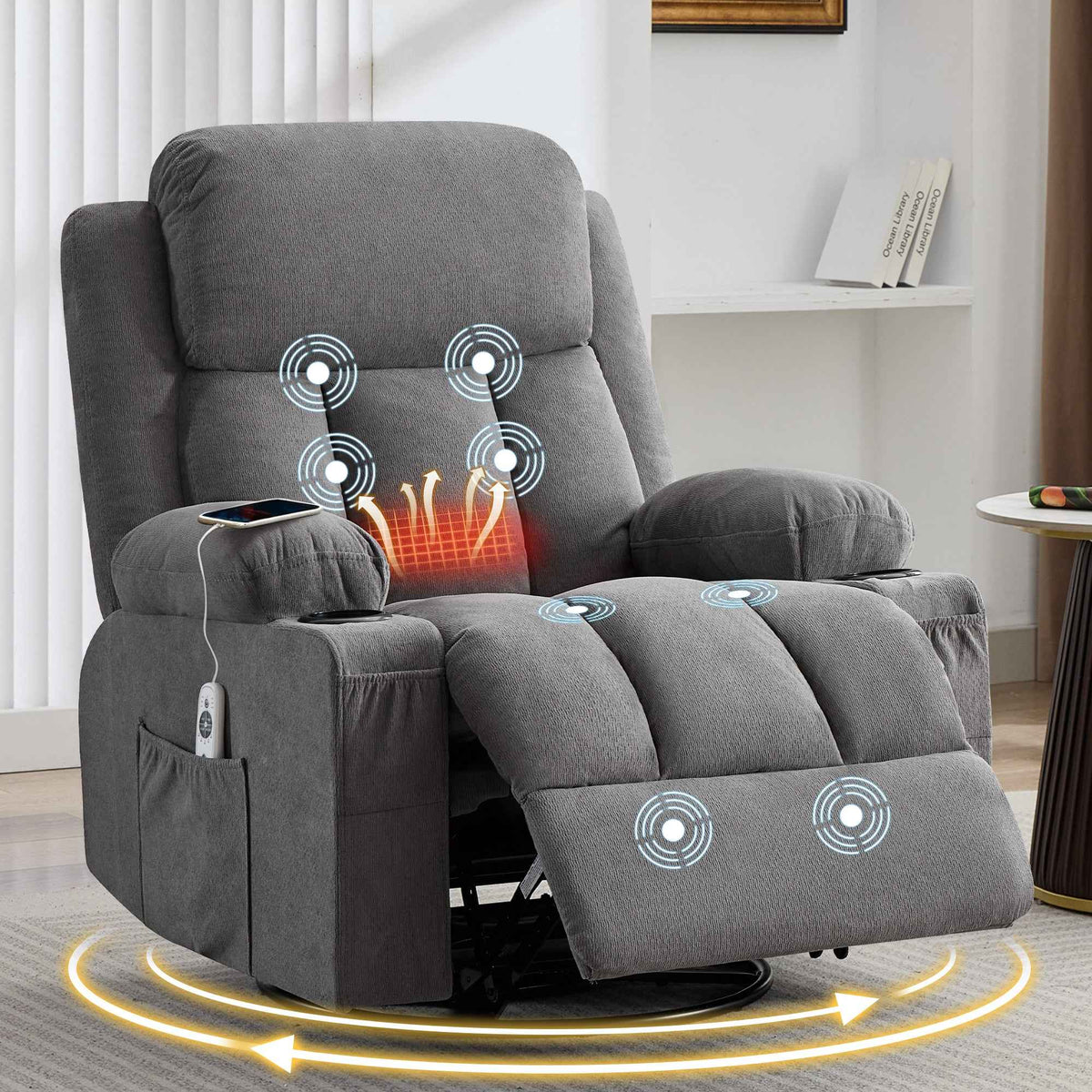 Swivel Rocker Recliner Chair with Vibration Massage, Heat, USB Port and Cup Holderrs detail image 25