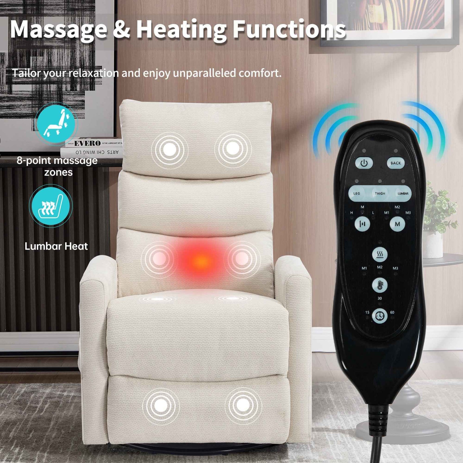 Heat Massage Manual Recliner Chair with Rocker and Swivel in Fabric for Living Room detail image 4
