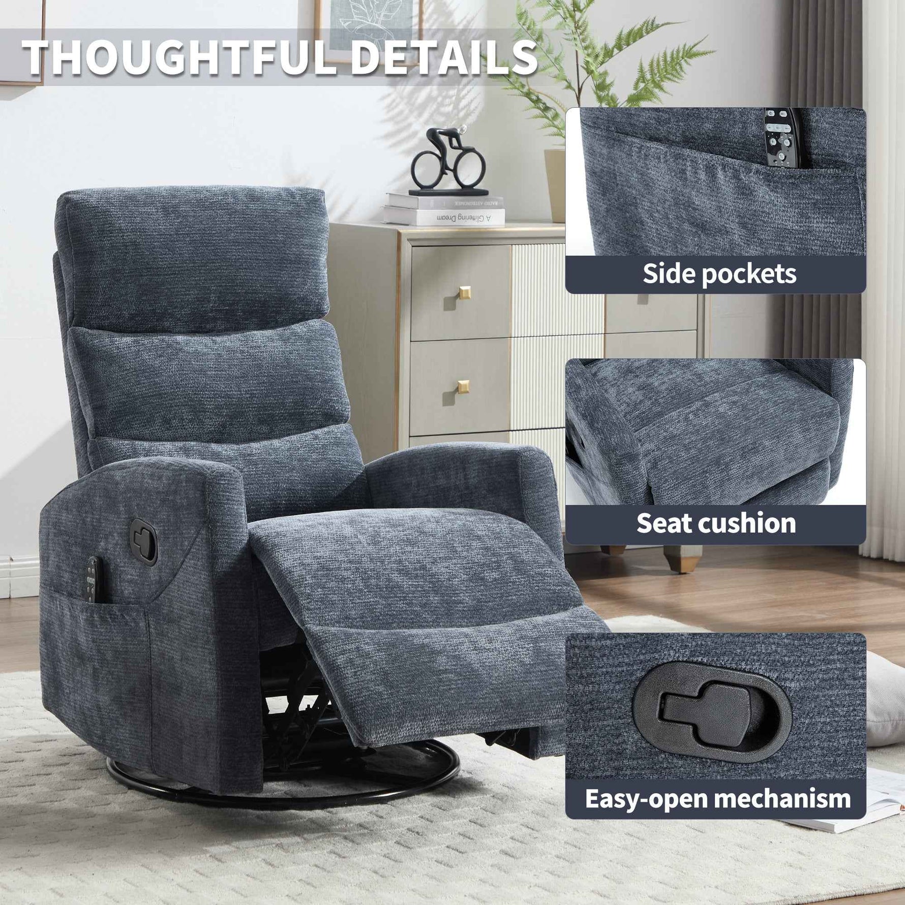 Heat Massage Manual Recliner Chair with Rocker and Swivel in Fabric for Living Room detail image 16