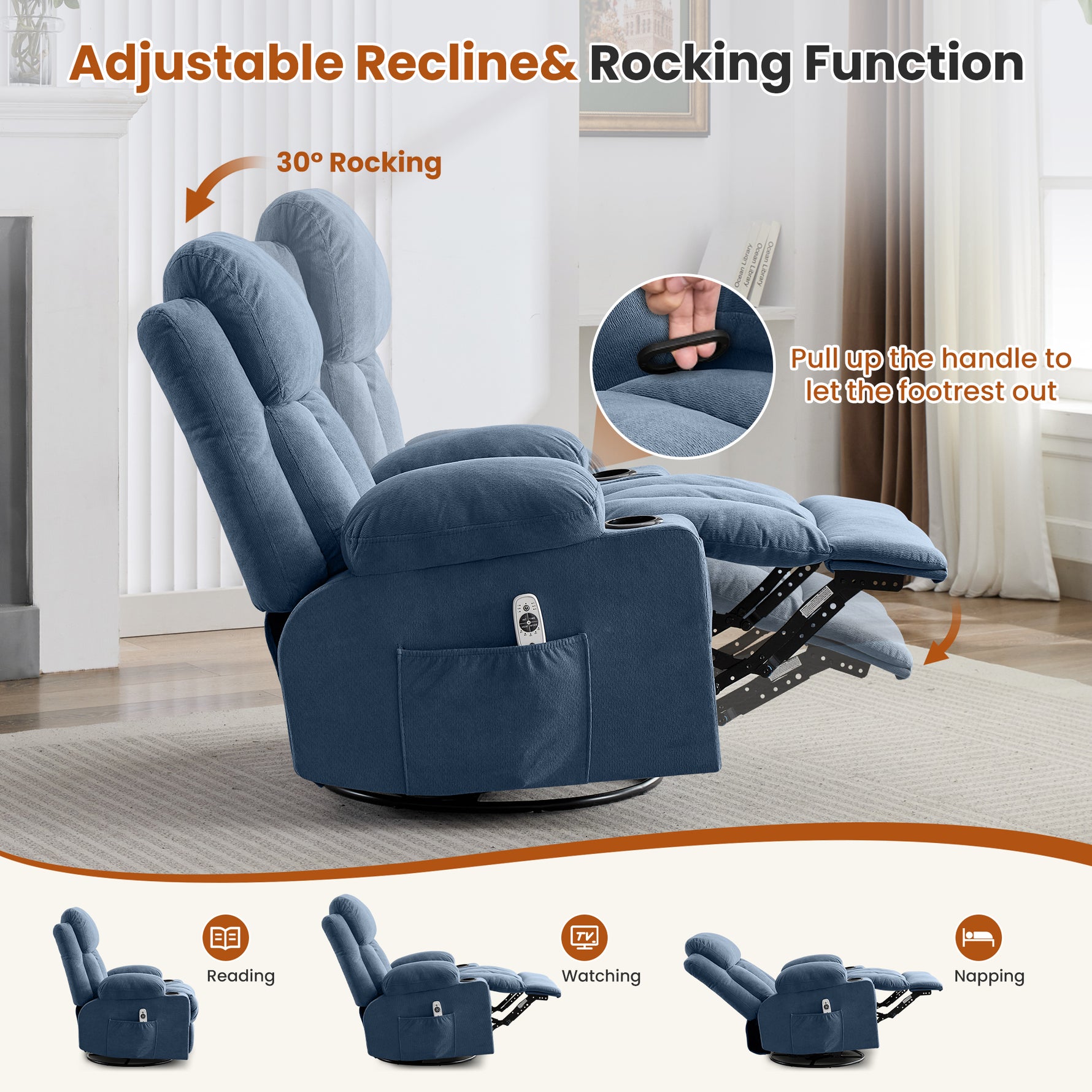 Swivel Rocker Recliner Chair with Vibration Massage, Heat, USB Port and Cup Holderrs detail image 41