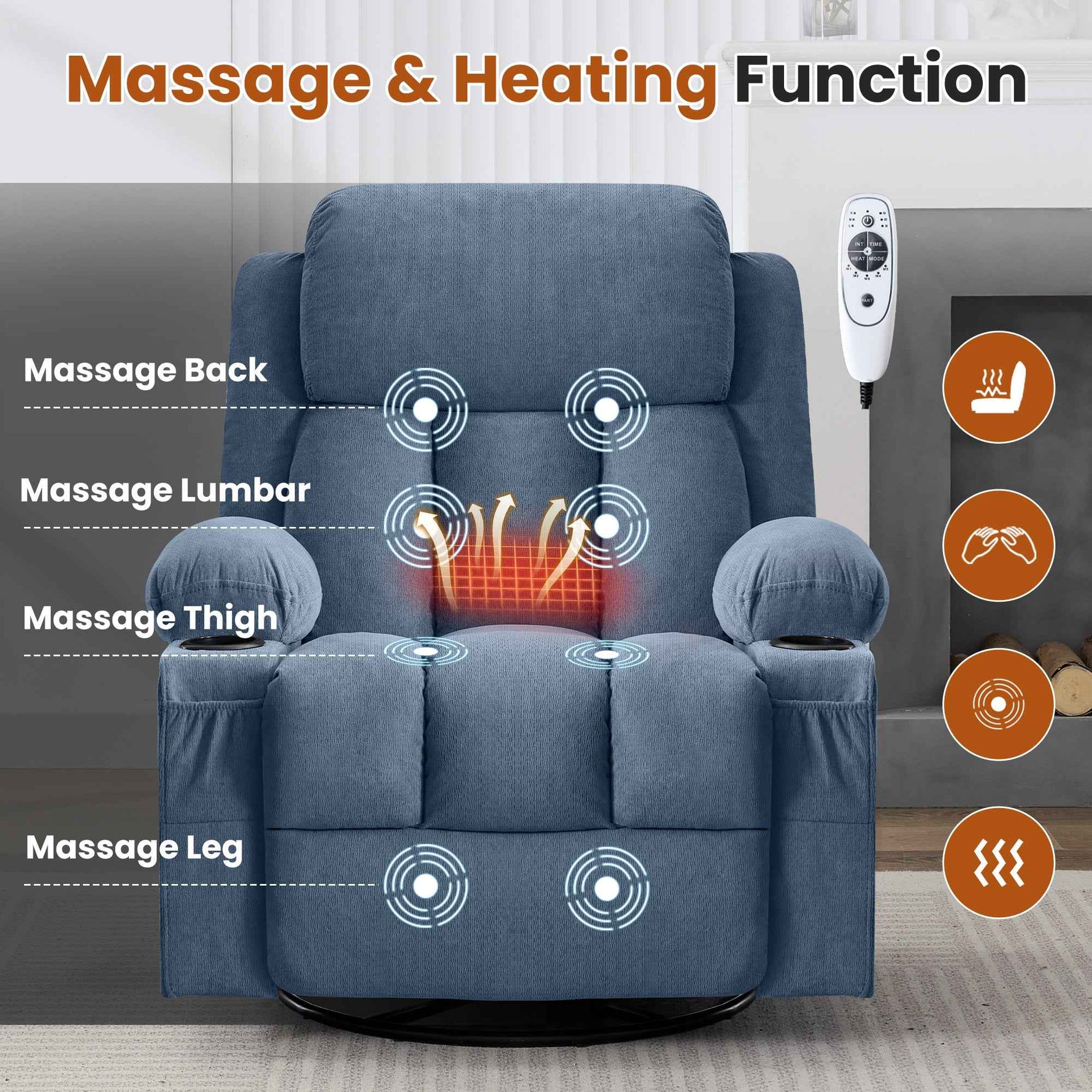 Swivel Rocker Recliner Chair with Vibration Massage, Heat, USB Port and Cup Holderrs detail image 16