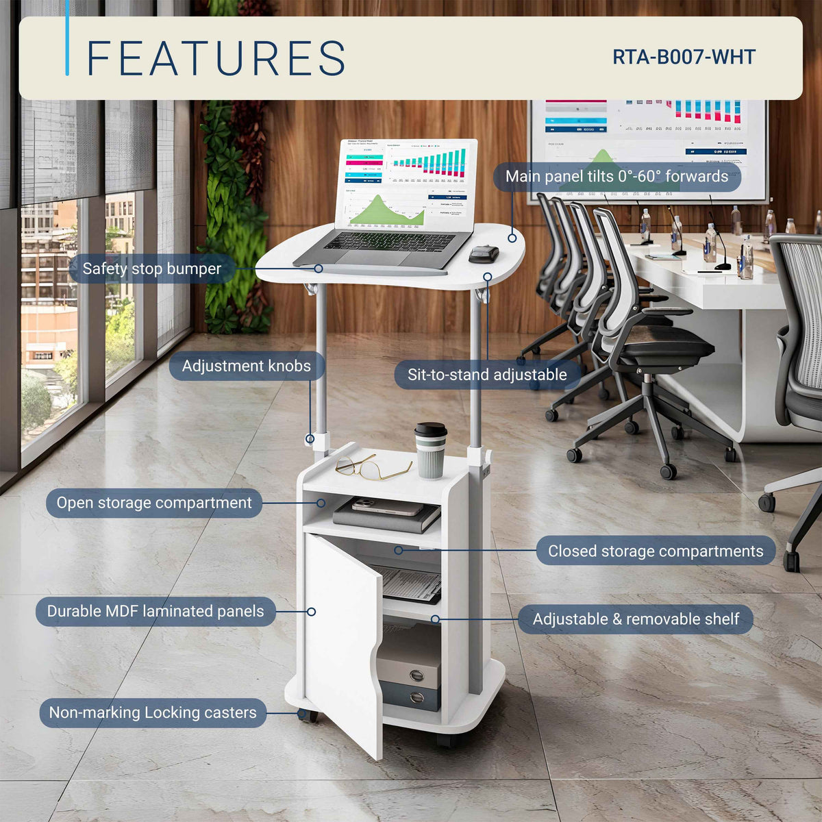 Techni Mobili Sit-to-Stand Laptop Cart with Storage mobile laptop workstation