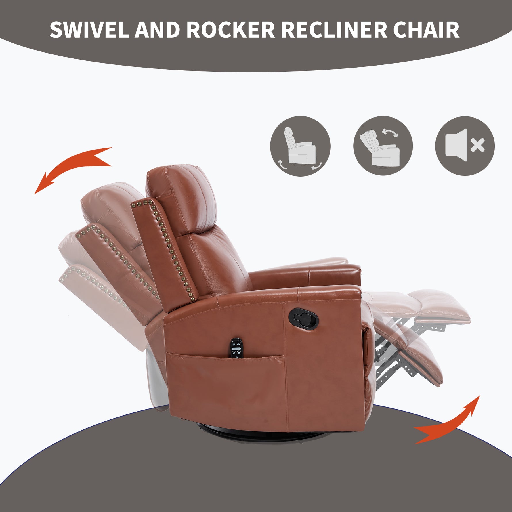 Genuine Leather Heat Massage Manual Recliner Chair with Rocker and Swivel for Living Room detail image 7