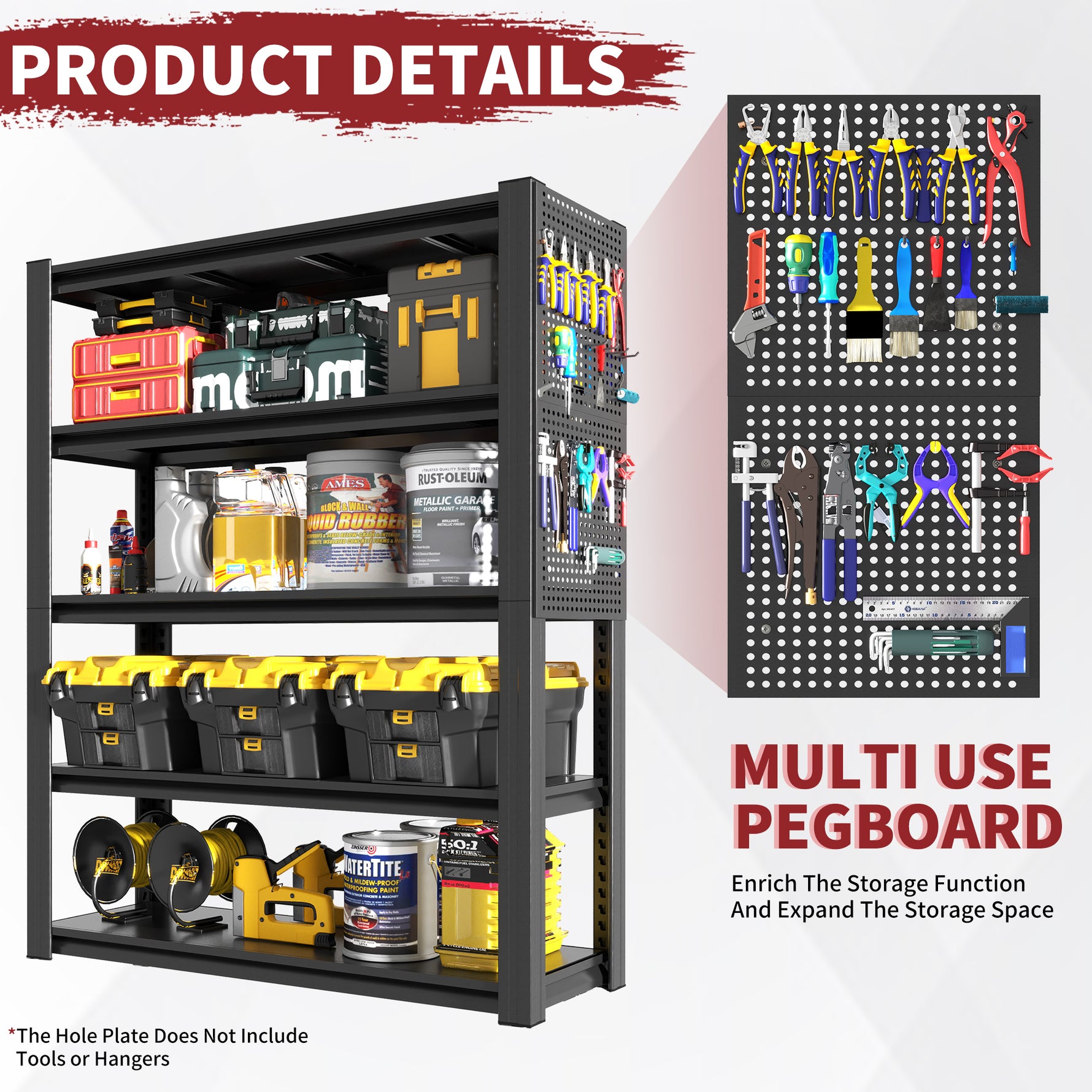 Industrial Heavy-Duty Metal 5-Tier Adjustable Shelving Unit with Pegboard for workshop, garage, storage, or utility use