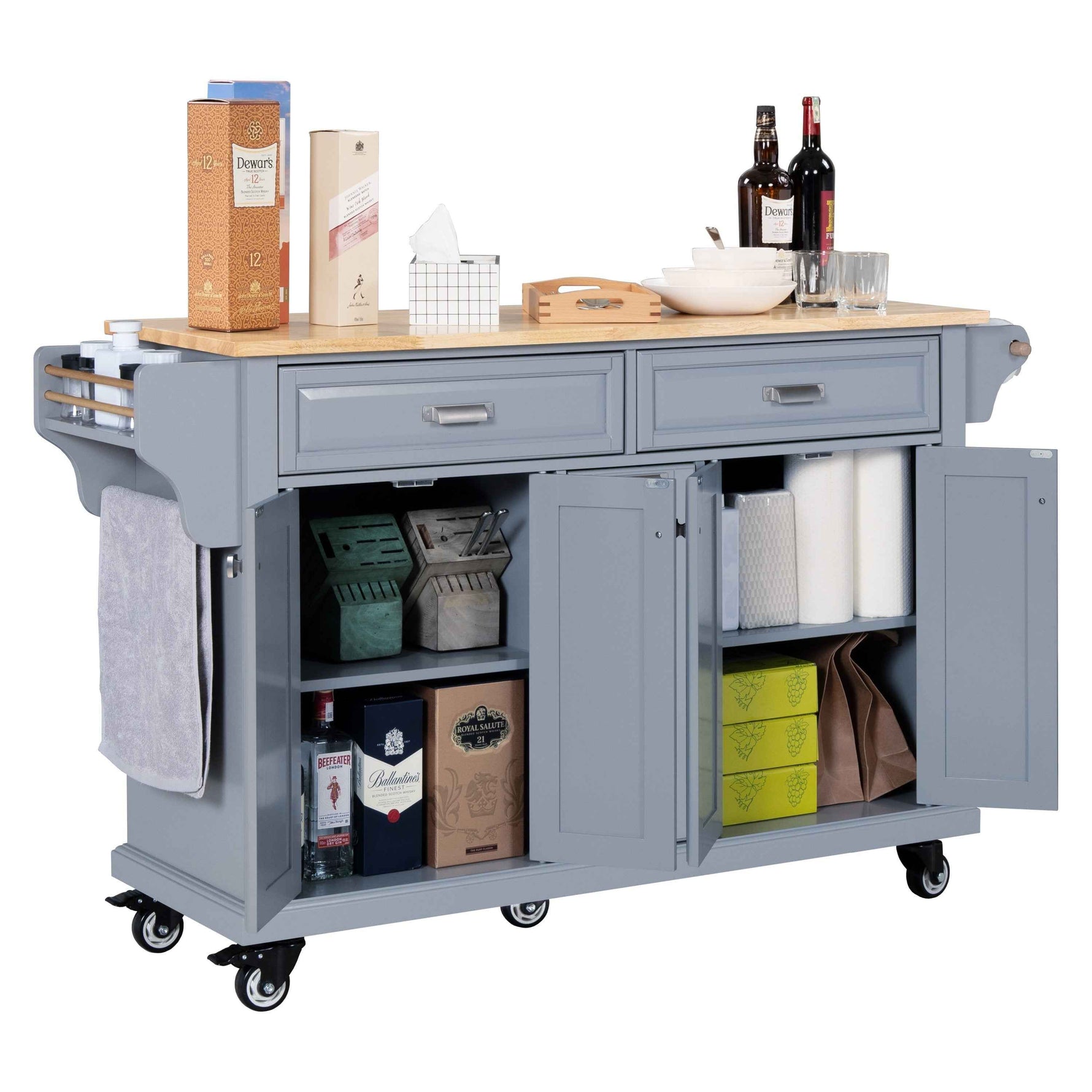 Rubberwood Drop-Leaf Kitchen Cart with 3 Drawers product view 31