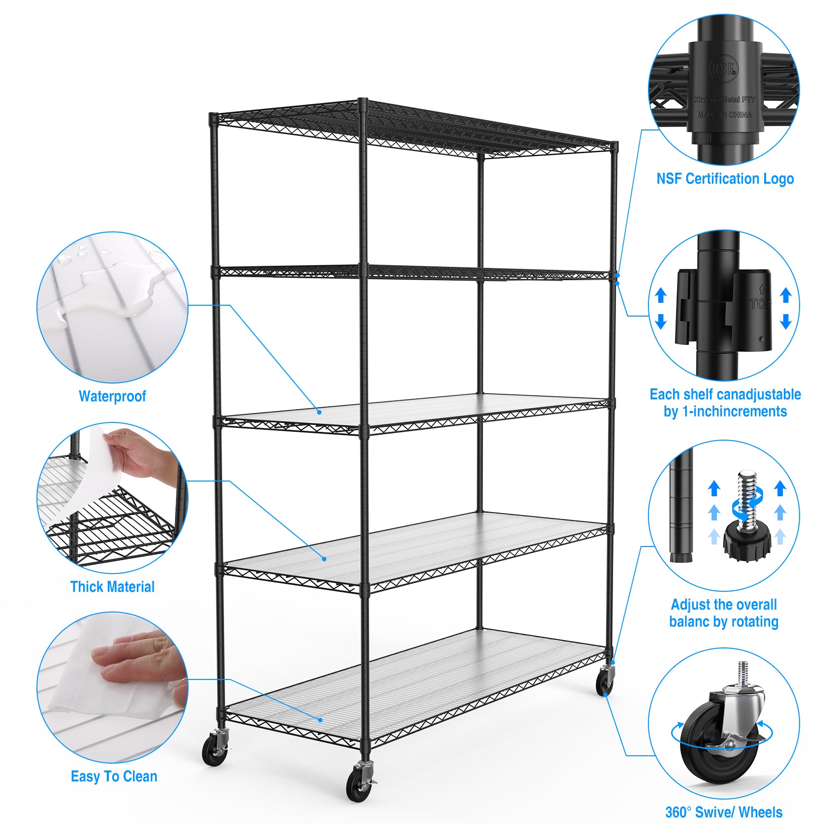 Heavy-Duty NSF Adjustable Wire Shelving Unit with Wheels & Shelf Liners for workshop, garage, storage, or utility use