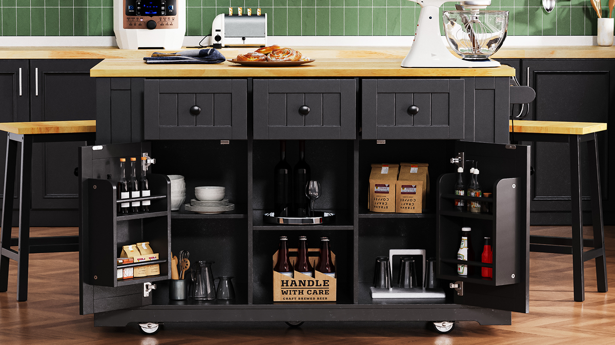 53 in. Farmhouse Kitchen Island with Power Outlet & Stools product view 146