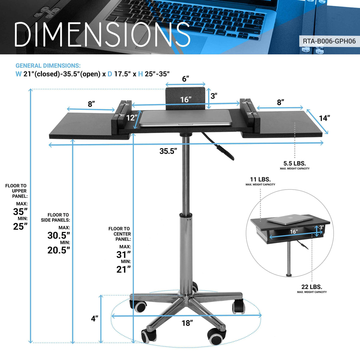 Techni Mobili Folding Table Laptop Cart, Graphite mobile laptop workstation