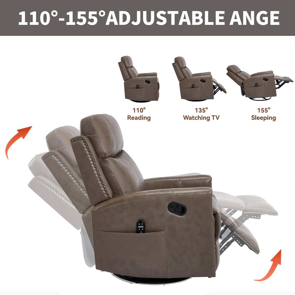 Genuine Leather Heat Massage Manual Recliner Chair with Rocker and Swivel for Living Room detail image 78