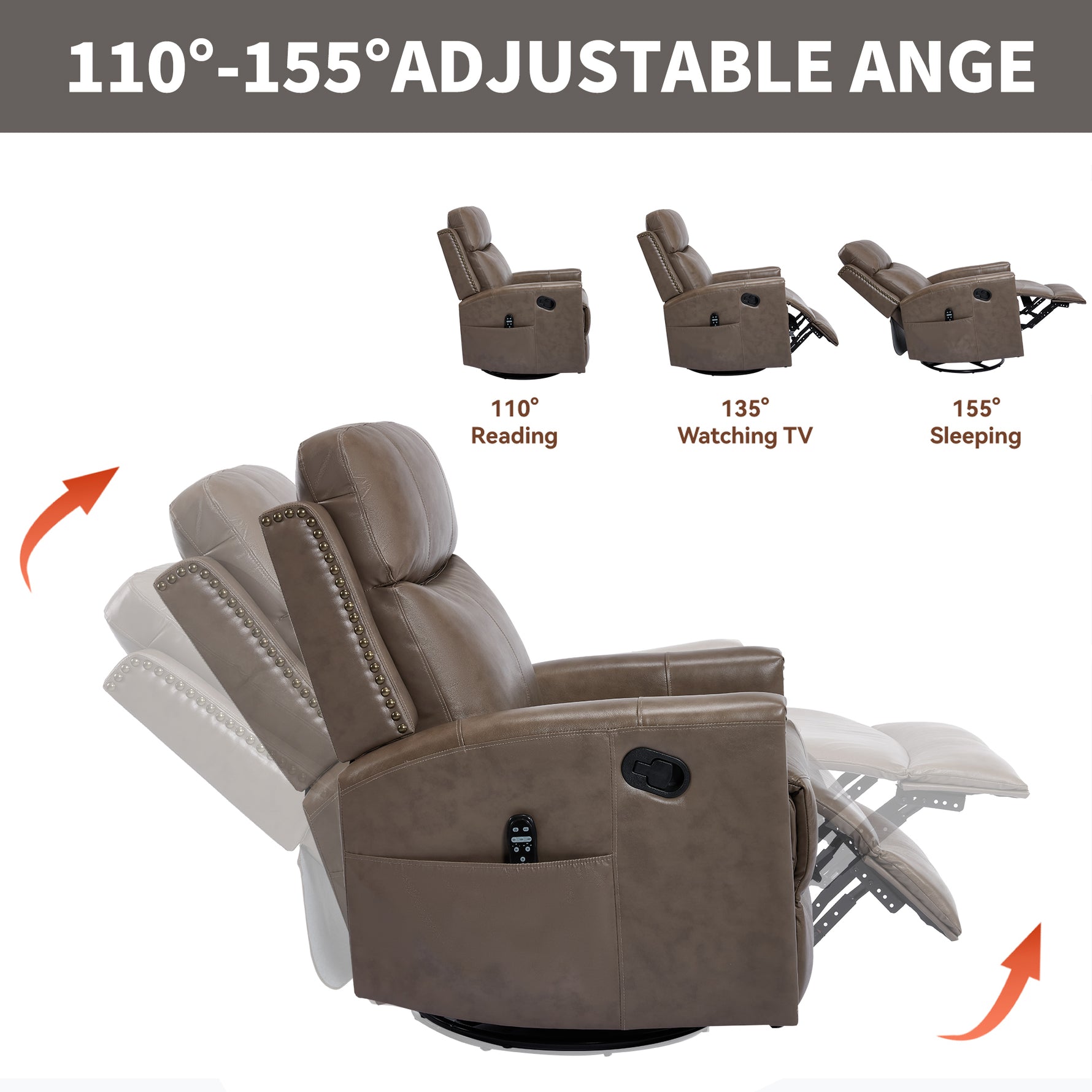 Genuine Leather Heat Massage Manual Recliner Chair with Rocker and Swivel for Living Room detail image 78
