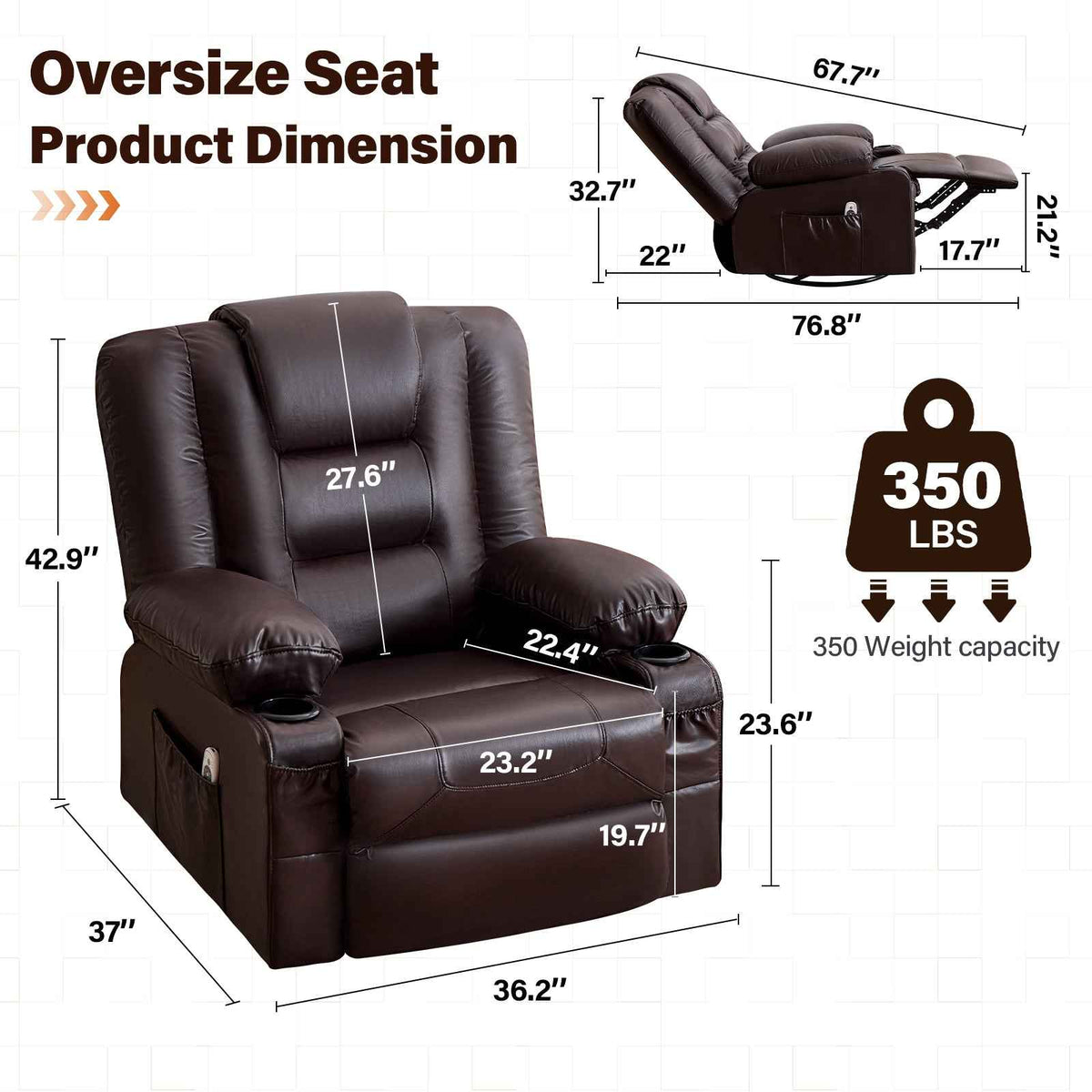 Rocker Recliner Chair with Massage and Heat for Adults, 360°Swivel detail image 2
