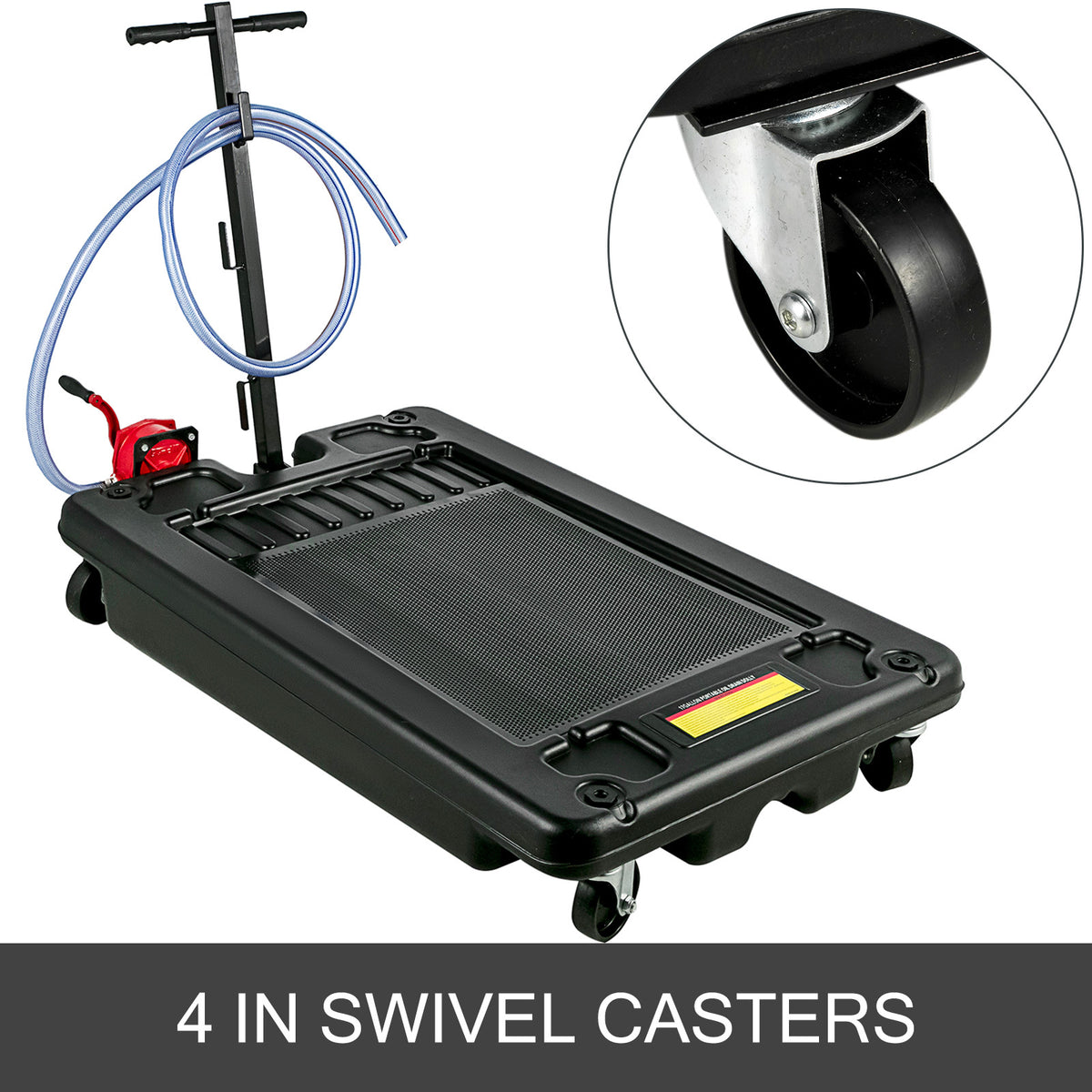 Low-Profile Rolling Oil Drain Pan with Manual Pump for workshop, garage, storage, or utility use