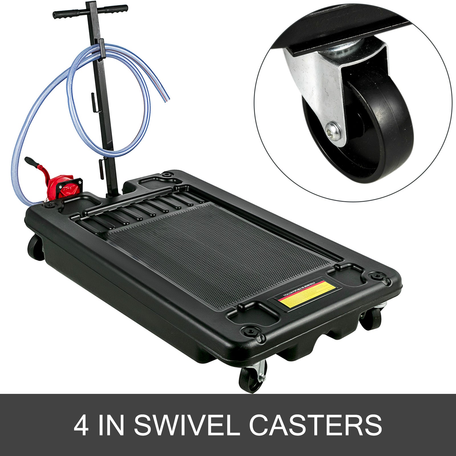 Low-Profile Rolling Oil Drain Pan with Manual Pump for workshop, garage, storage, or utility use