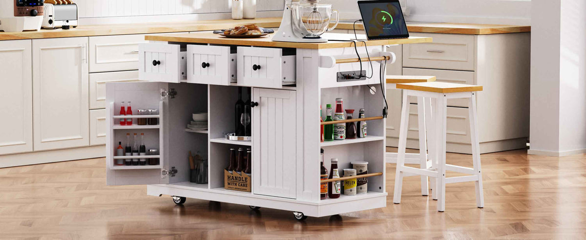 53 in. Farmhouse Kitchen Island with Power Outlet & Stools product view 52
