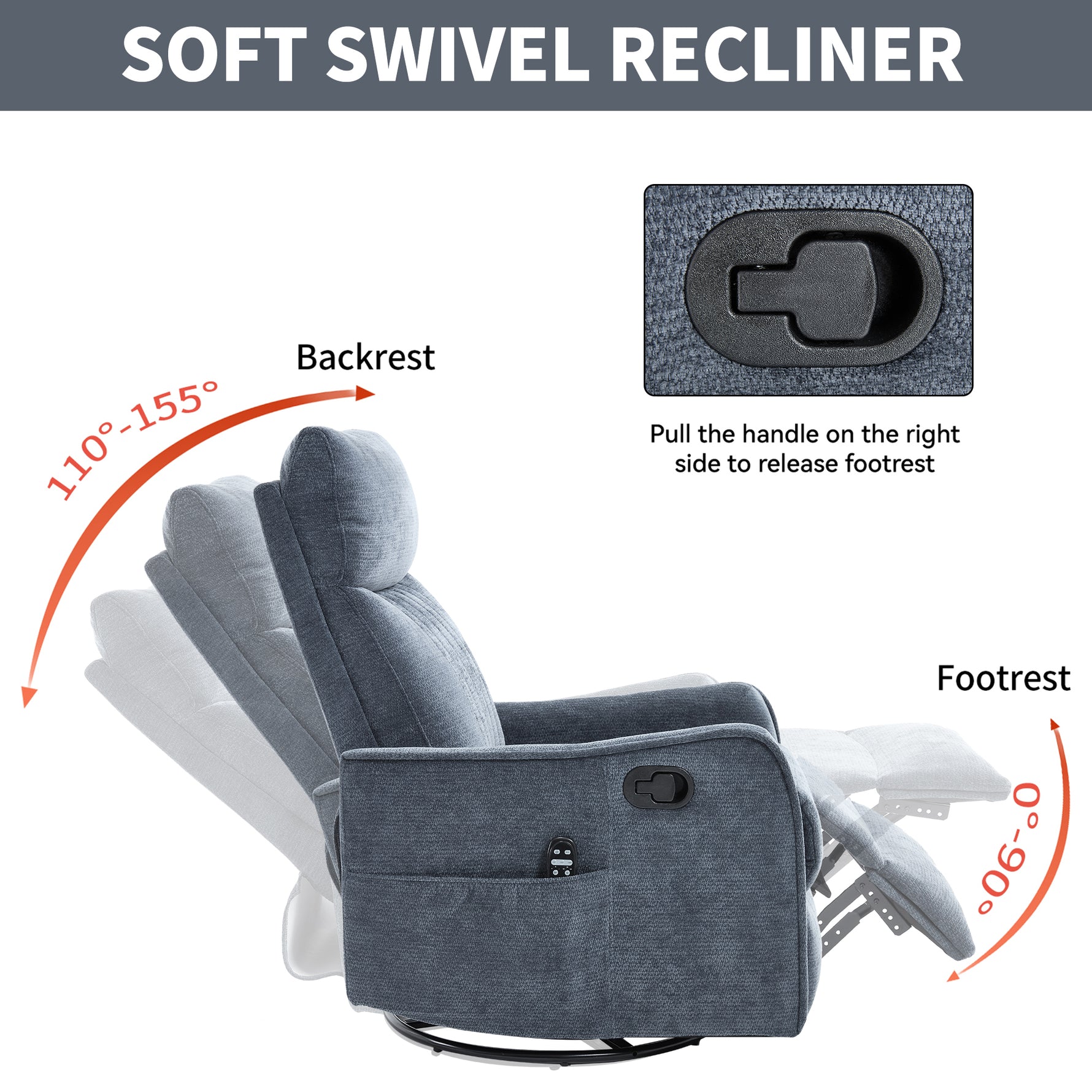 Heat Massage Manual Recliner Chair with Rocker and Swivel in Fabric for Living Room detail image 24