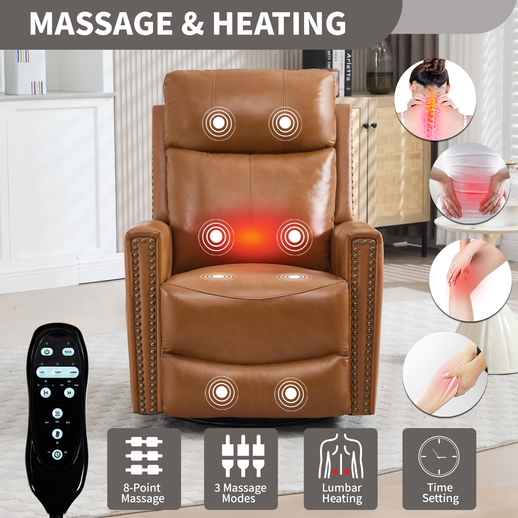 Genuine Leather Heat Massage Manual Recliner Chair with Rocker and Swivel for Living Room detail image 62