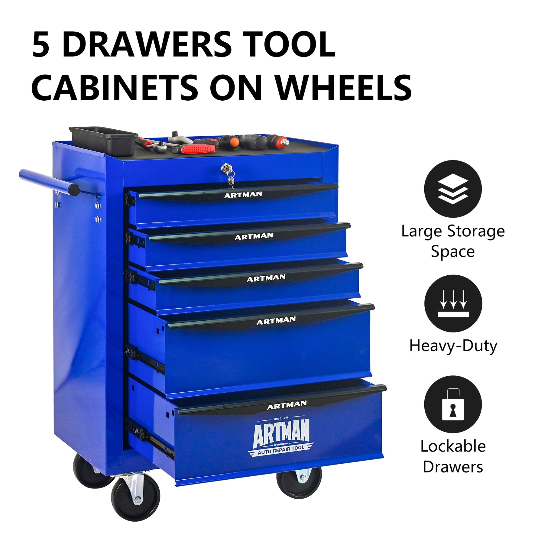 Rolling 5-Drawer Steel Tool Chest with Stainless Steel Top for workshop, garage, storage, or utility use