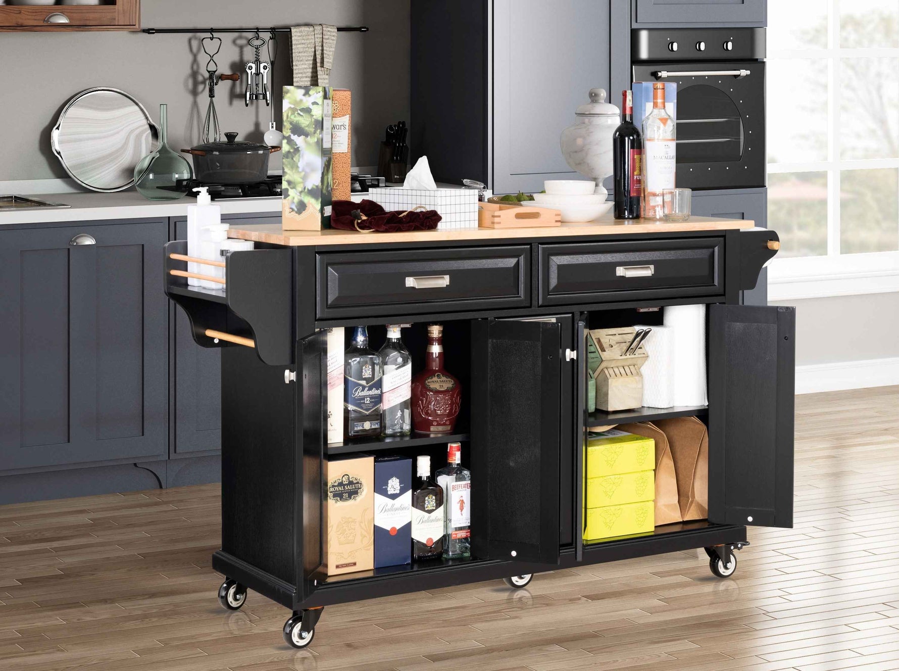 Rubberwood Drop-Leaf Kitchen Cart with 3 Drawers product view 22