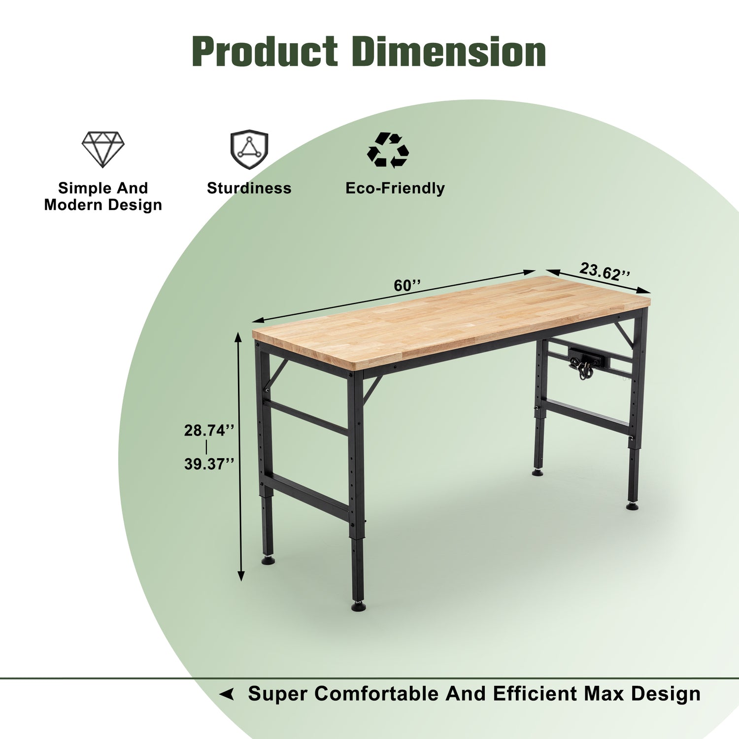 Adjustable Height Heavy-Duty Workbench, Rubber Wood Top Workstation with Power Outlets for workshop, garage, storage, or utility use