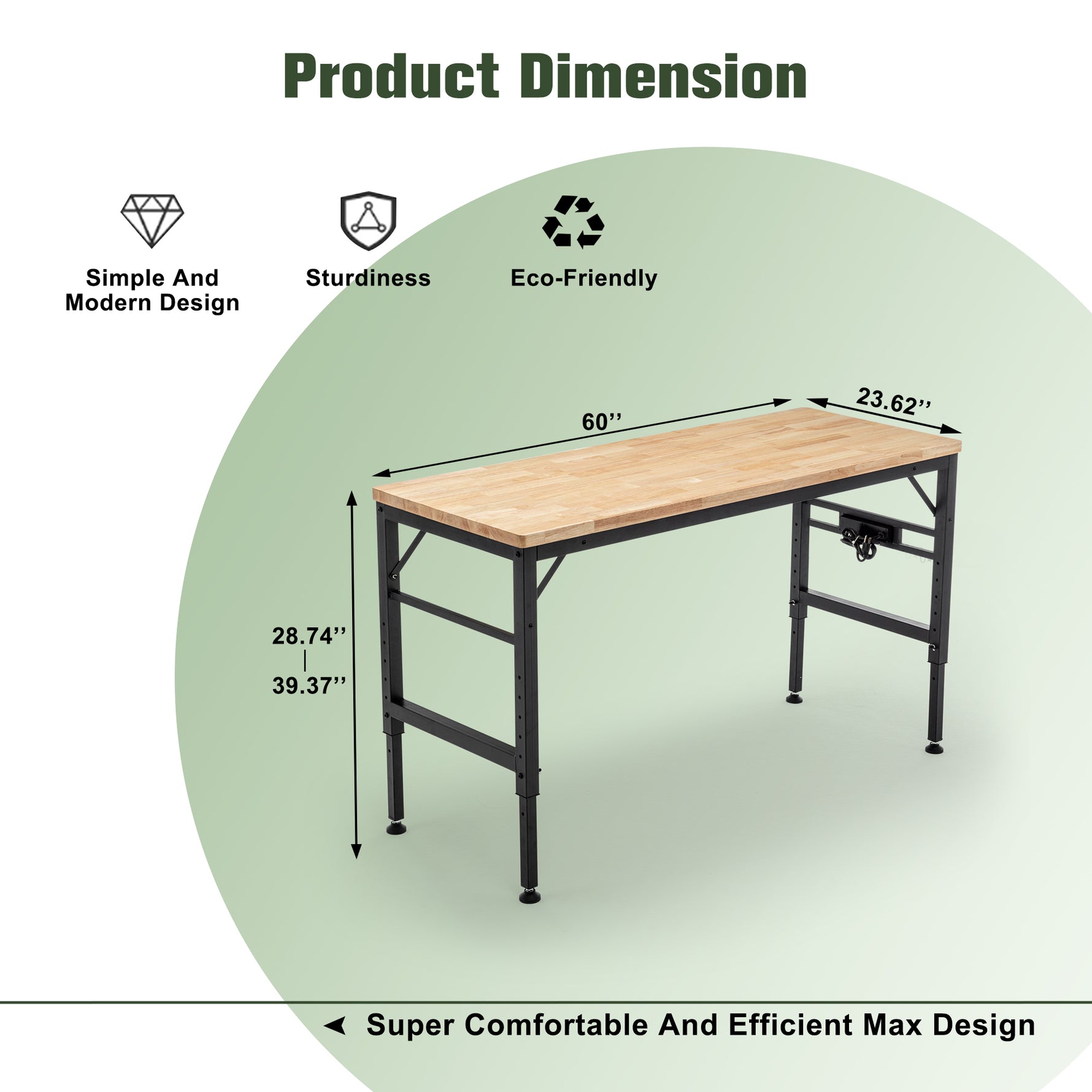 Adjustable Height Heavy-Duty Workbench, Rubber Wood Top Workstation with Power Outlets for workshop, garage, storage, or utility use