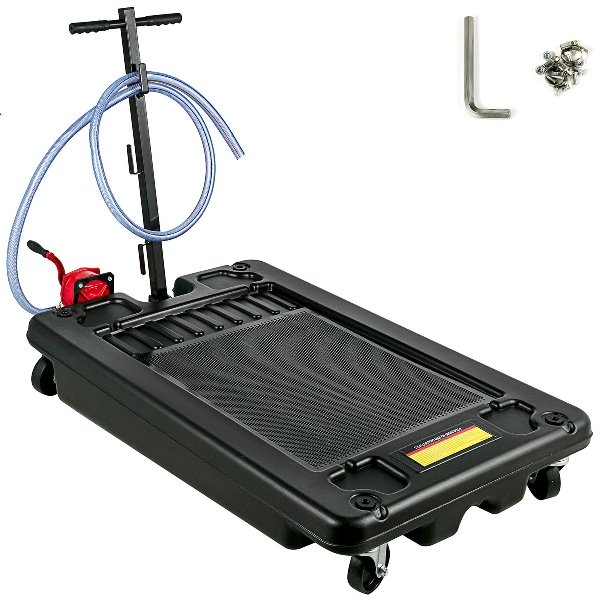 Low-Profile Rolling Oil Drain Pan with Manual Pump for workshop, garage, storage, or utility use