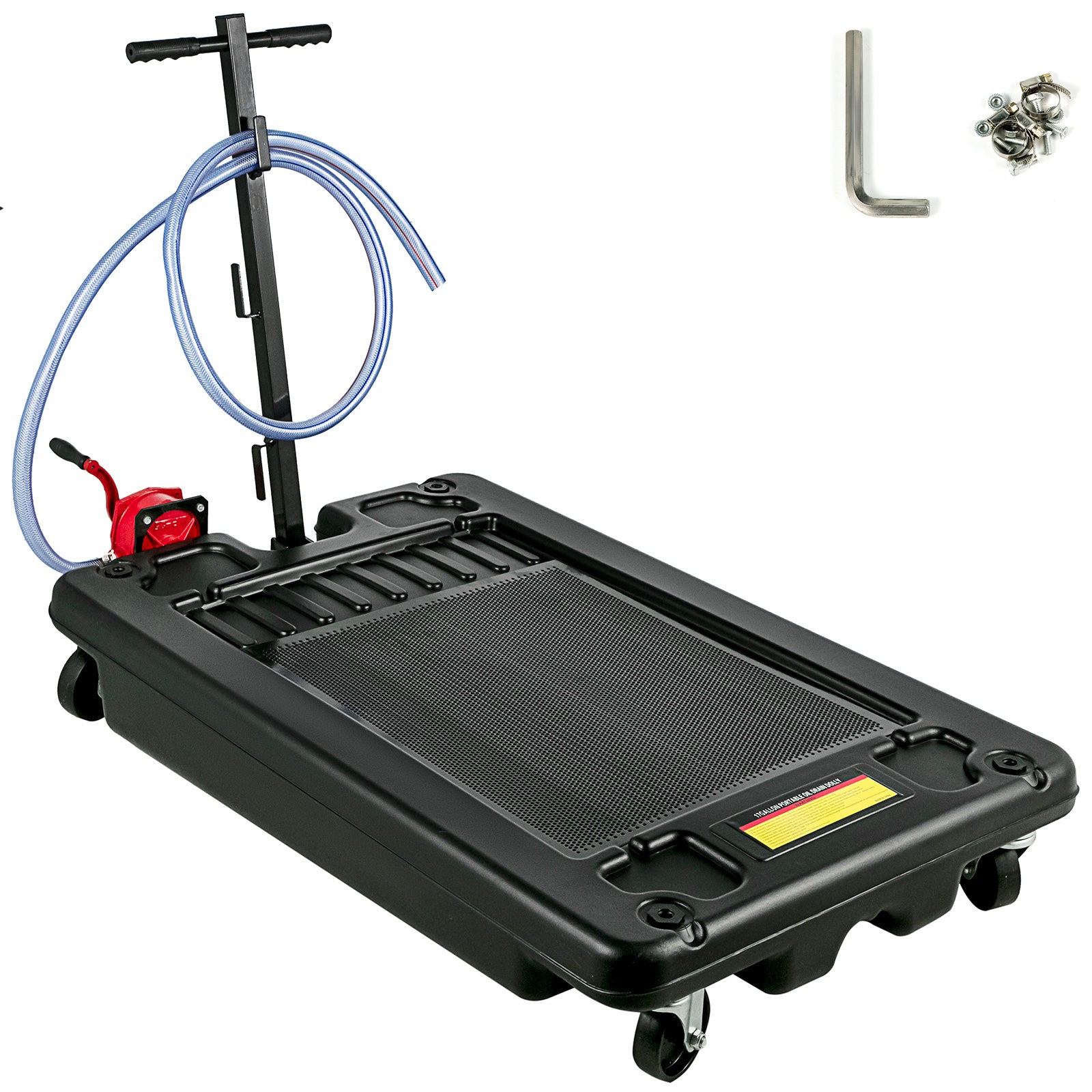 Low-Profile Rolling Oil Drain Pan with Manual Pump for workshop, garage, storage, or utility use