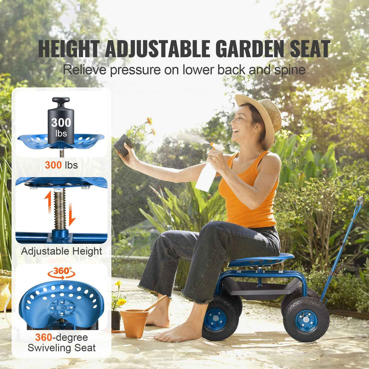 Rolling Garden Workseat with 360° Swivel Seat for workshop, garage, storage, or utility use