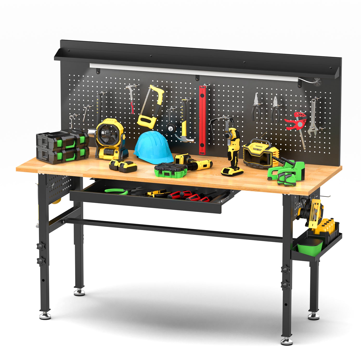 60" Adjustable-Height Workbench with Solid Wood Top for workshop, garage, storage, or utility use