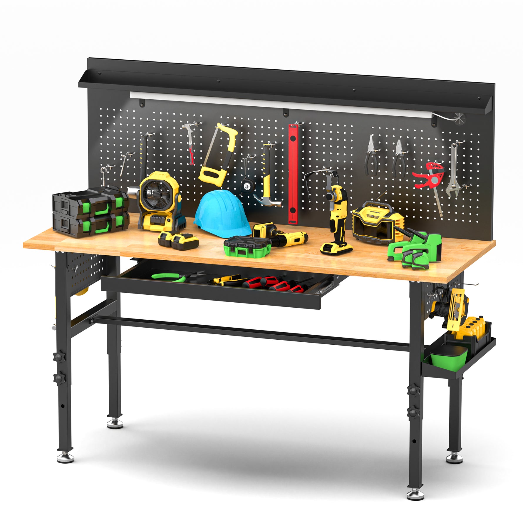 60" Adjustable-Height Workbench with Solid Wood Top for workshop, garage, storage, or utility use