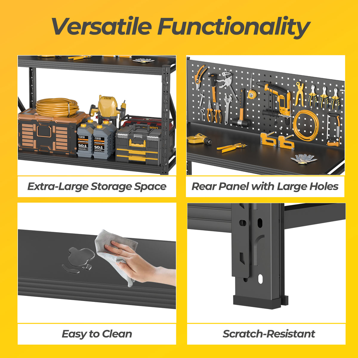 Heavy-Duty Metal Shelving & Workbench with Pegboard, 3000 lb Capacity for workshop, garage, storage, or utility use