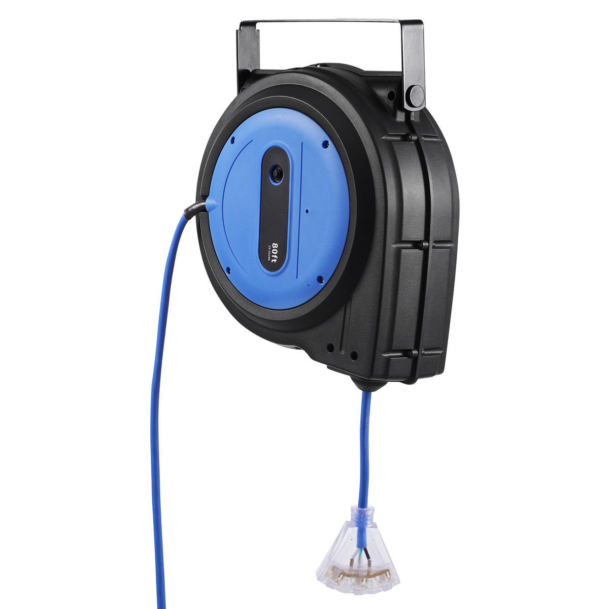 Retractable Heavy-Duty Extension Cord Reel with Triple-Tap Outlet for workshop, garage, storage, or utility use