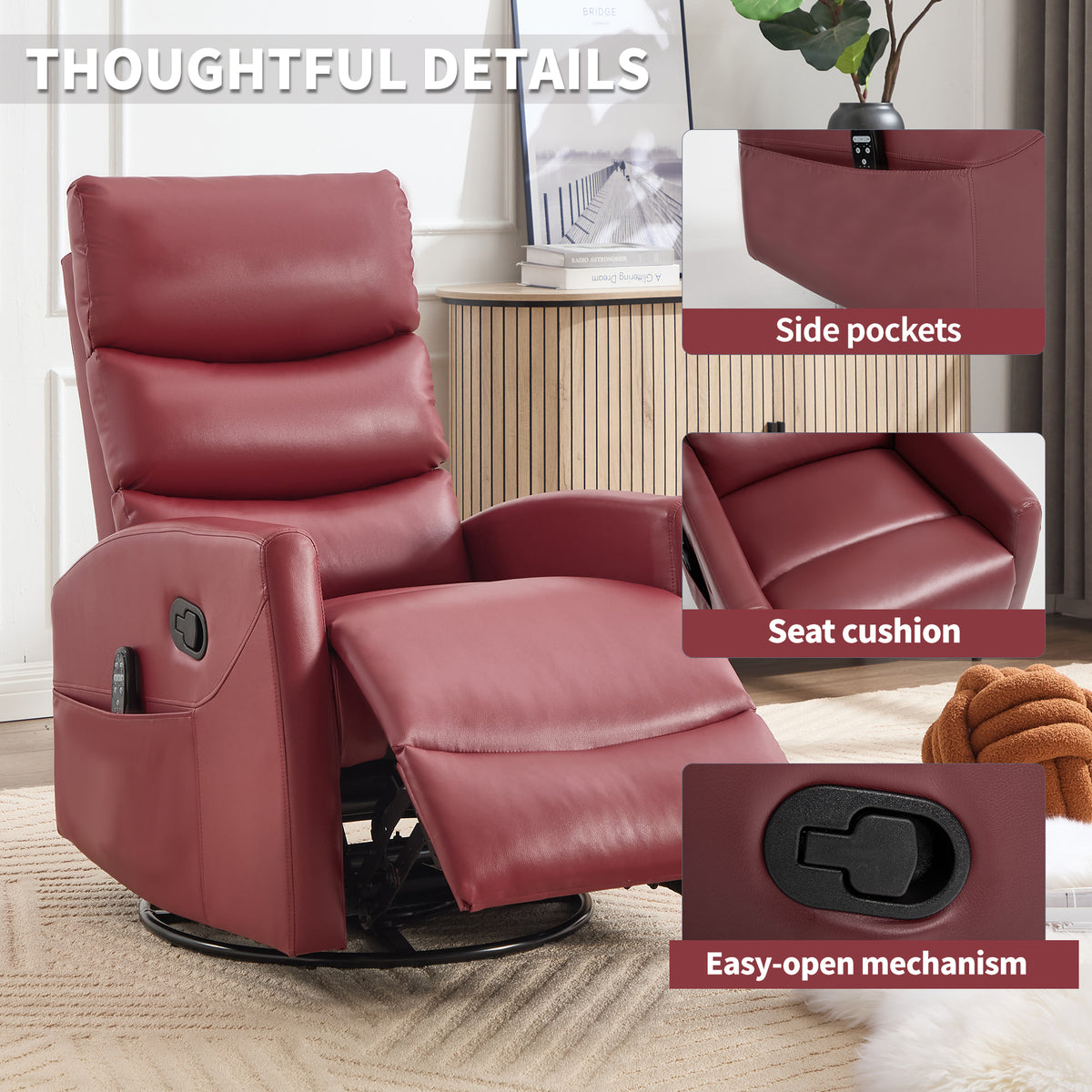 Heat Massage Manual Recliner Chair with Rocker and Swivel in Fabric for Living Room detail image 29